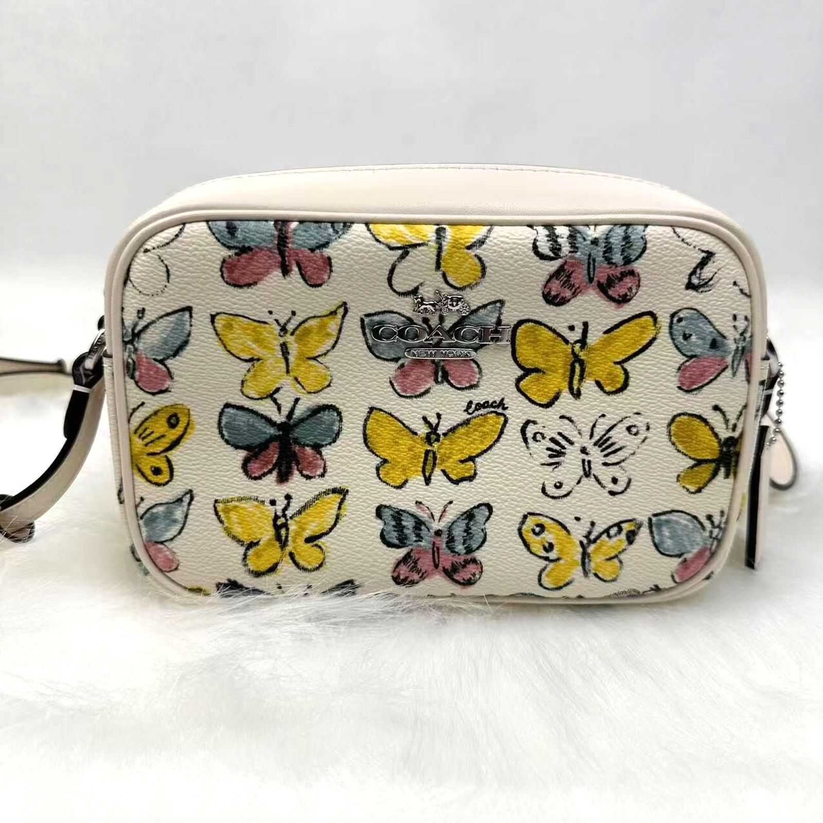 Coach Mini Jamie Camera Bag Crossbody Butterfly Print Chalk in White, Women's