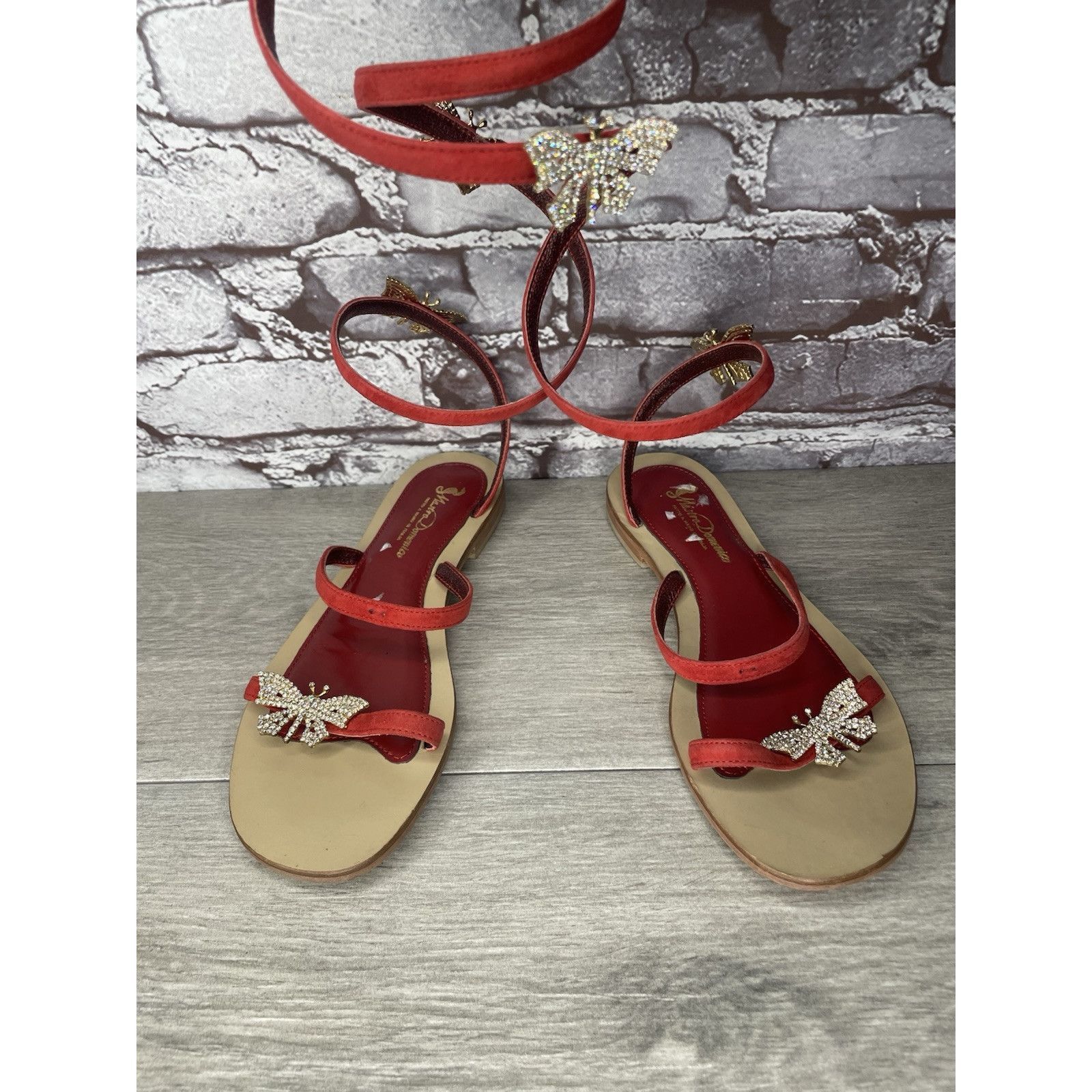 Other Mastro Domenico Red Leather Butterfly Rhinestone Wrap Around Size US 7.5 / IT 37.5 - 1 Thumbnail