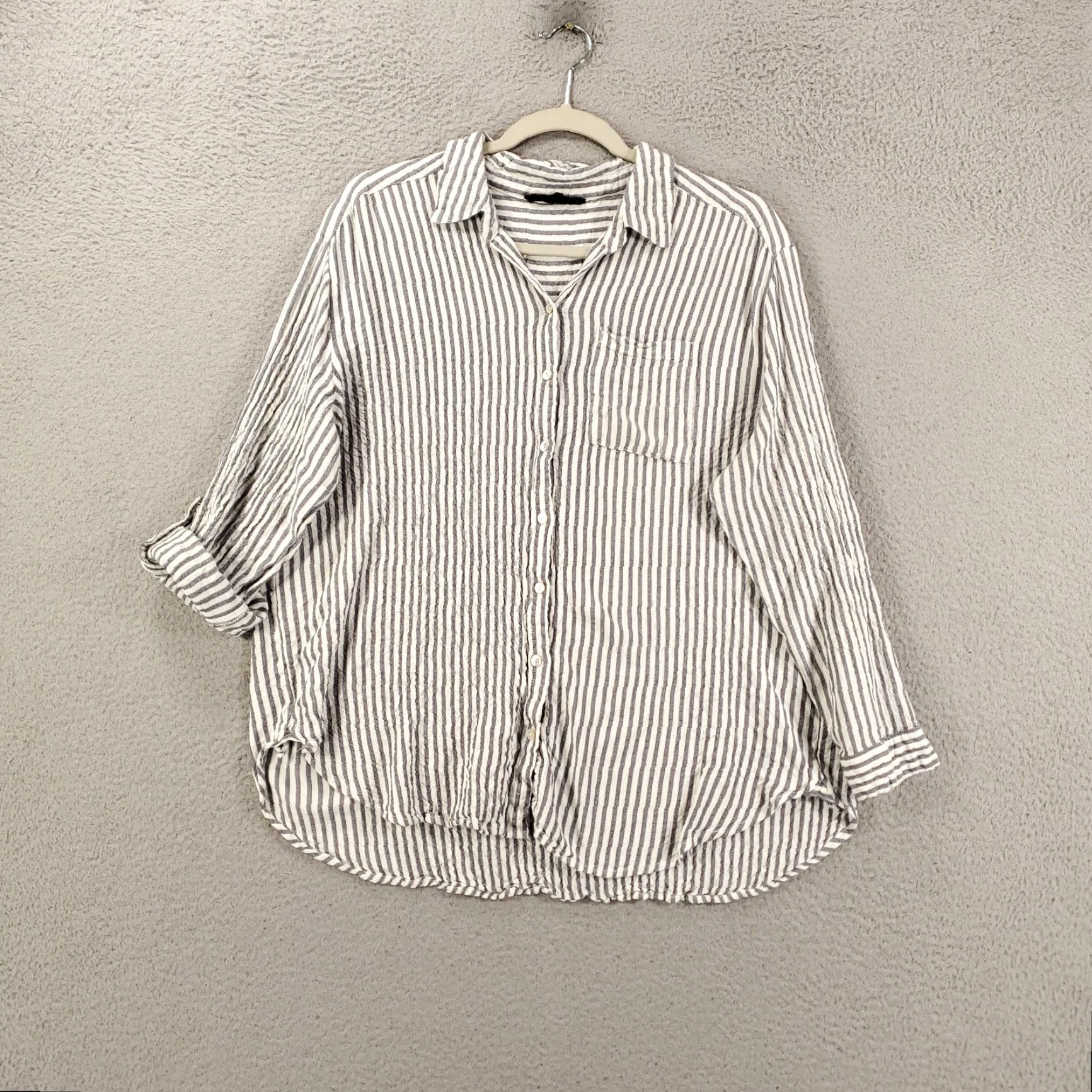 Vintage Jane And Delancey Striped Button-Up Shirt Women's XL Navy White Roll Tab Sleeve Size XL / US 12-14 / IT 48-50 - 2 Thumbnail