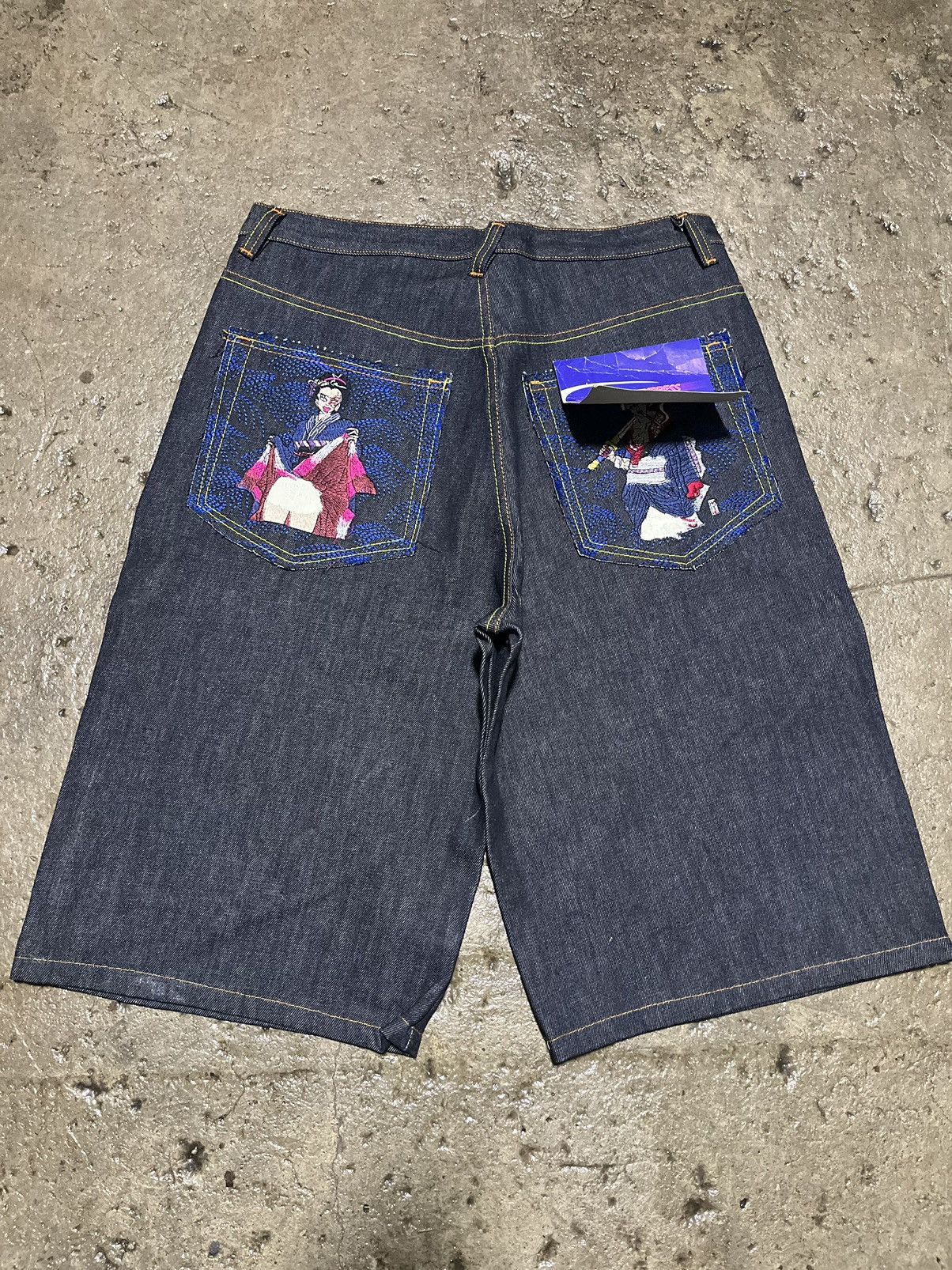 image of Ed Hardy x Jnco Crazy Vintage Y2K Baggy Jorts Jnco Skater Style Embroidery in Blue, Men's (Size 34)