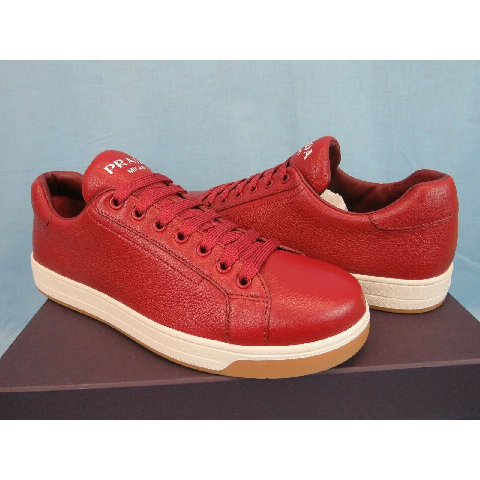 Prada 4E3507 RED TEXTURED LEATHER LOGO LOW TOP SNEAKERS 7.5 Size US 8.5 / EU 41-42 - 11 Thumbnail