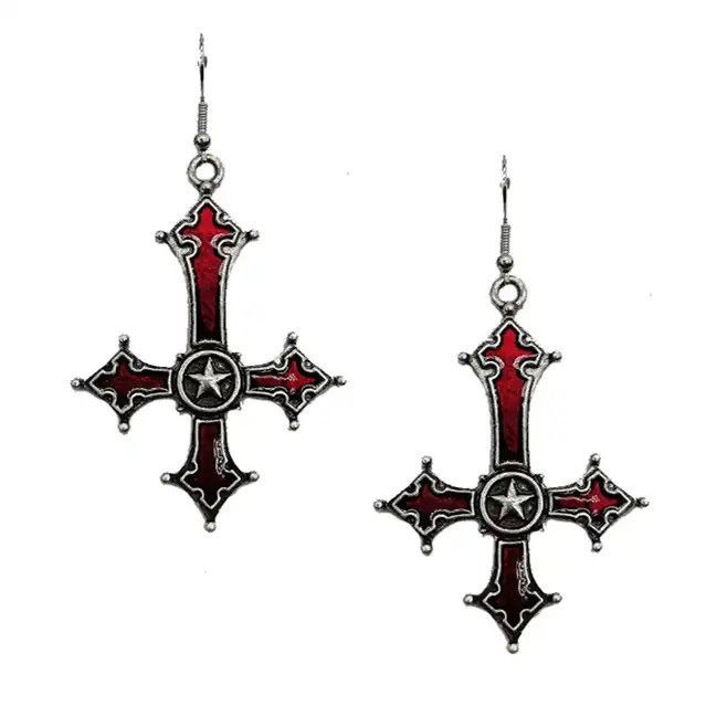 Jewelry × Vintage Blood Red Gothic Inverted Cross Earrings Size ONE SIZE - 1 Thumbnail