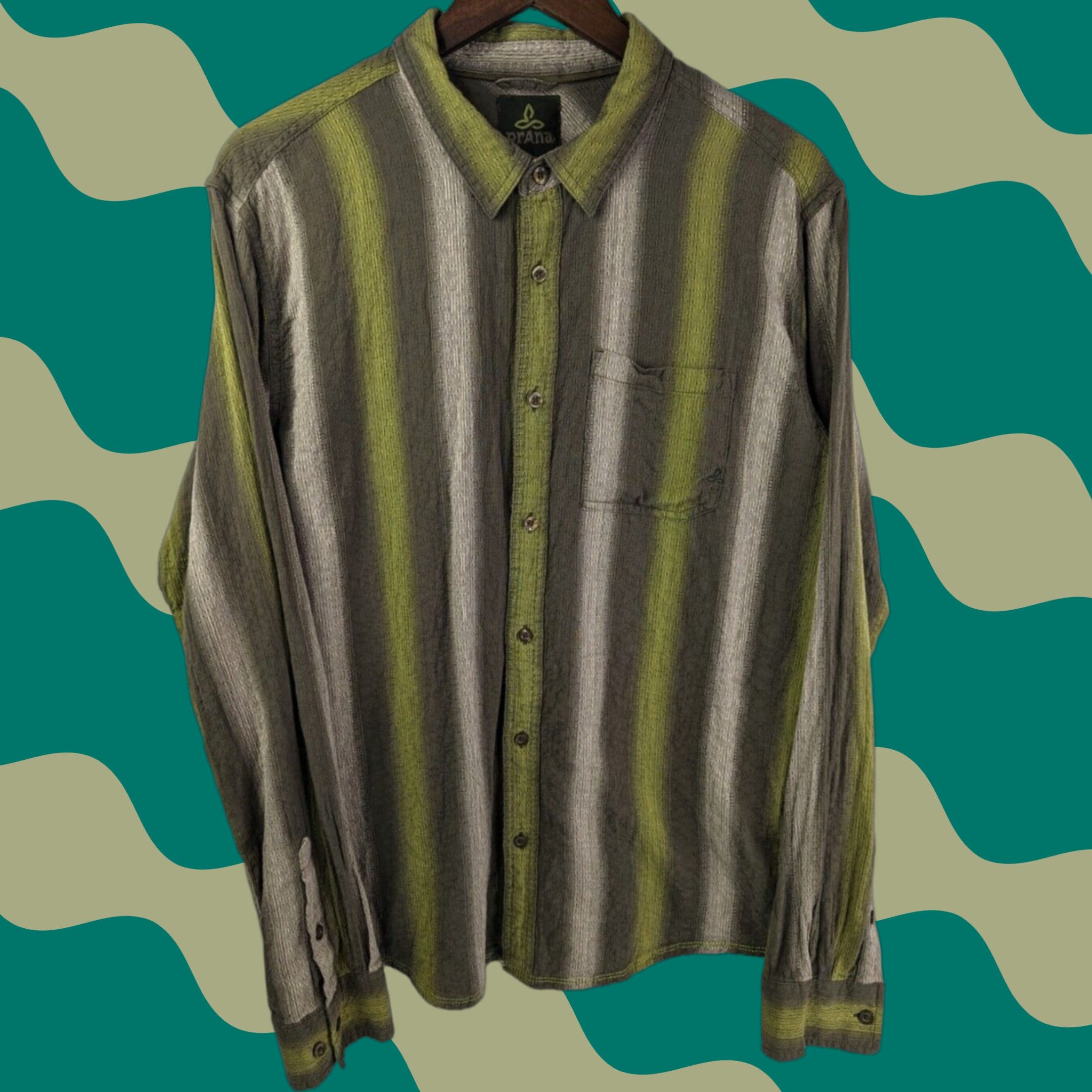 Prana PrAna Men's Size Large Green Brown Textured Long Sleeve Button Up Shirt Outdoors Size US L / EU 52-54 / 3 - 1 Thumbnail