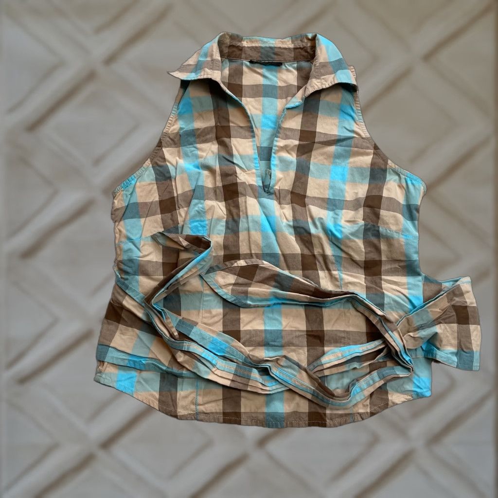 Bcbgmaxazria BCBGMAXAZRIA Sleeveless Tank Womens Small Brown Blue Check Tie Waist Lightweight Shirt Size S / US 4 / IT 40 - 1 Thumbnail