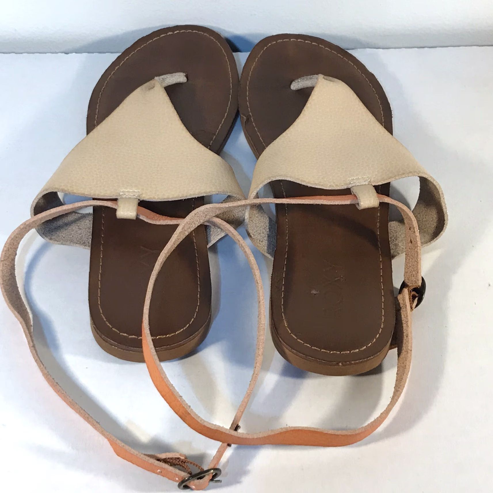 Vintage Roxy Leather Sandals Beige/Orange Thong Women's Size 7.5 - Adjustable Ankle Wrap, Flat Heel, Comfort Size US 7.5 / IT 37.5 - 2 Thumbnail