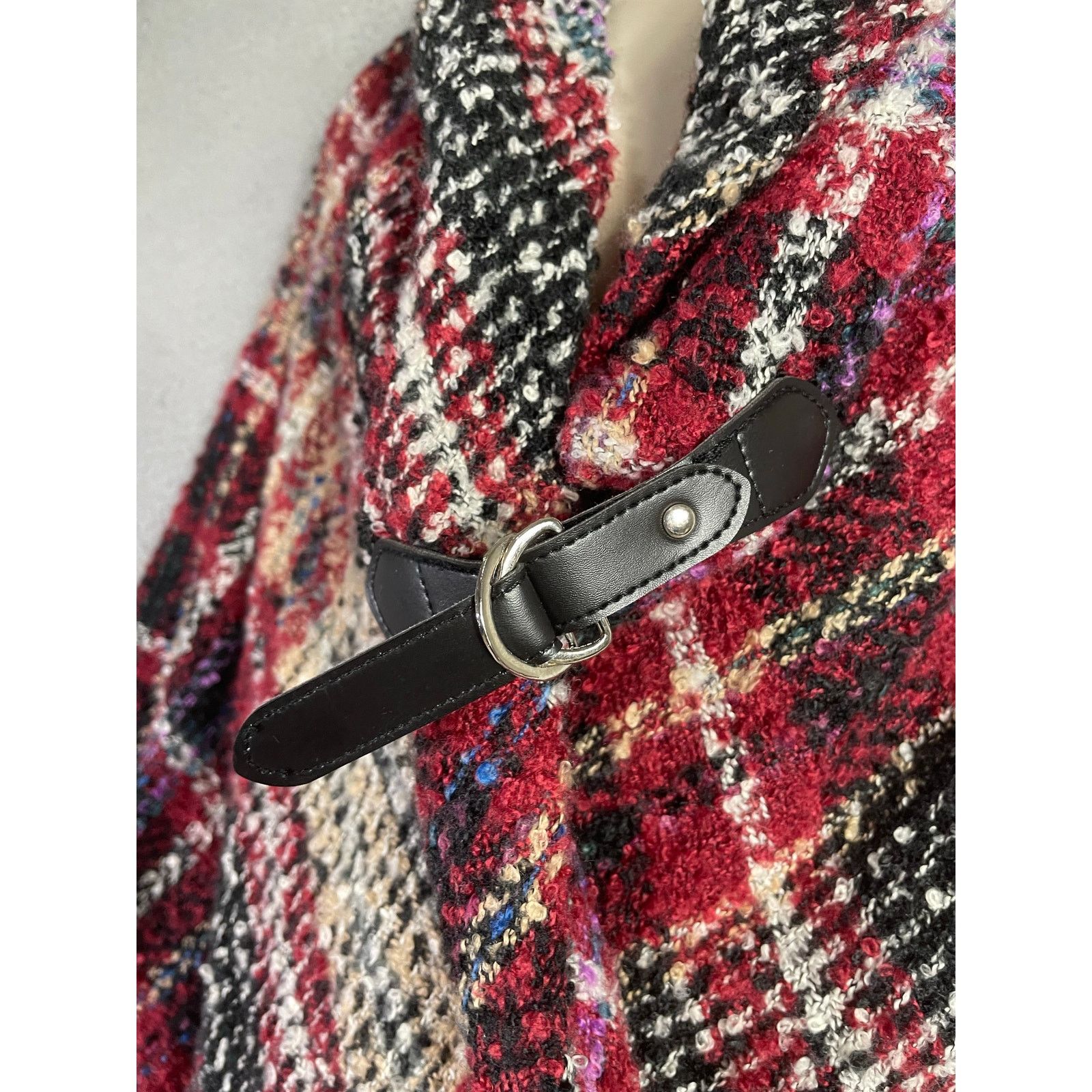 Vince Camuto Vince Camuto Wine Plaid Fringed Shawl Wrap Poncho OS Size ONE SIZE - 5 Thumbnail