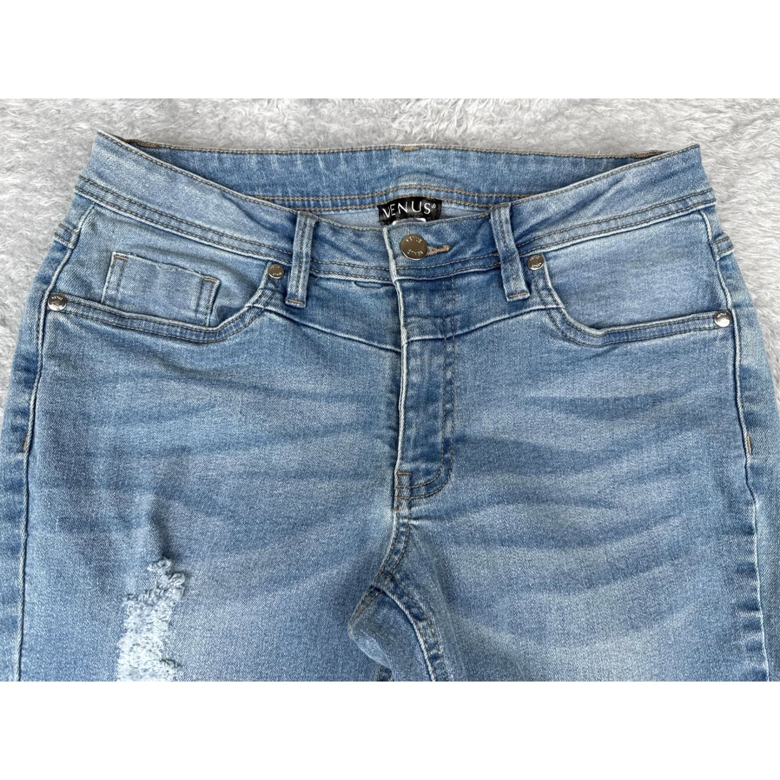 Venus Venus Jeans Womens 4 Blue Light Wash Skinny Ankle Zip Distressed Stretch Denim Size 28" / US 6 / IT 42 - 4 Thumbnail