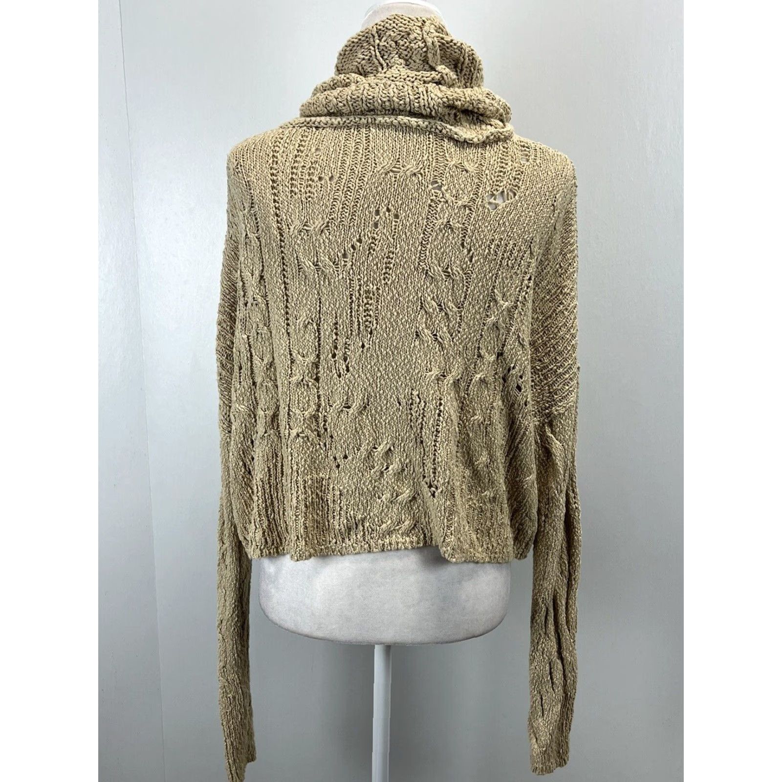 Free People Free People Shades Of Dawn Sweater Shirt Women Small Tan Knit Cowl Neck Distressed Crop Slouchy Cotton Blend 2020s Size S / US 4 / IT 40 - 3 Thumbnail