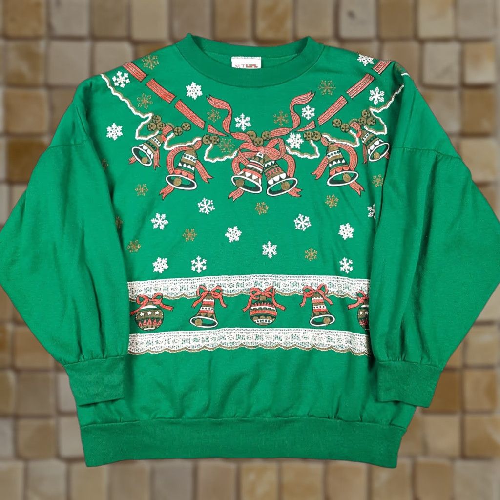 Bell VINTAGE Christmas Bells Women's XL Crewneck Sweatshirt 90s Holiday Pullover Green Nut Cracker Shirt Sweatshirt Girls Women Size XL / US 12-14 / IT 48-50 - 1 Thumbnail