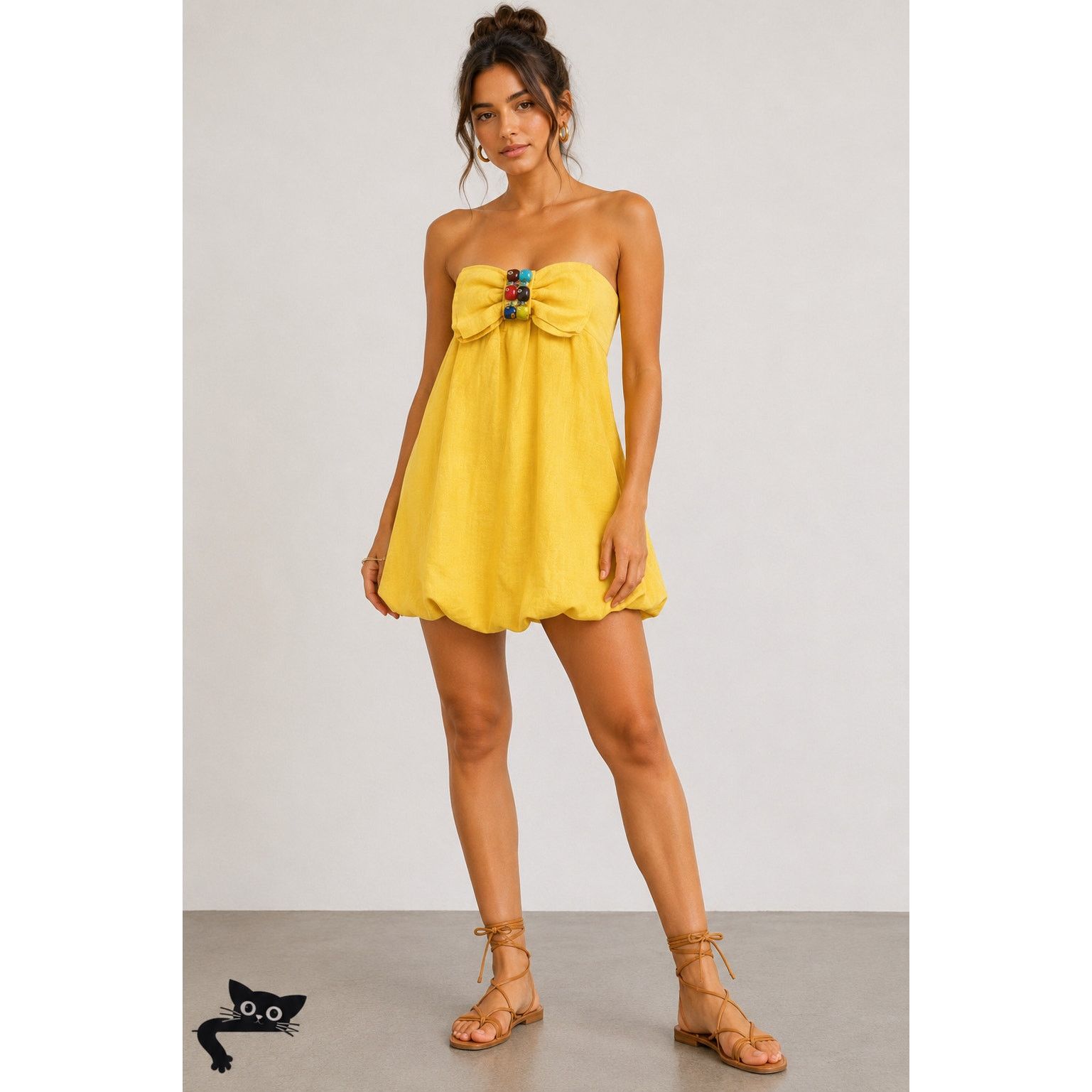 Other Twentyone Yellow Linen Sleeveless Blouson Mini Bead Bow Tie Size S / US 4 / IT 40 - 3 Thumbnail