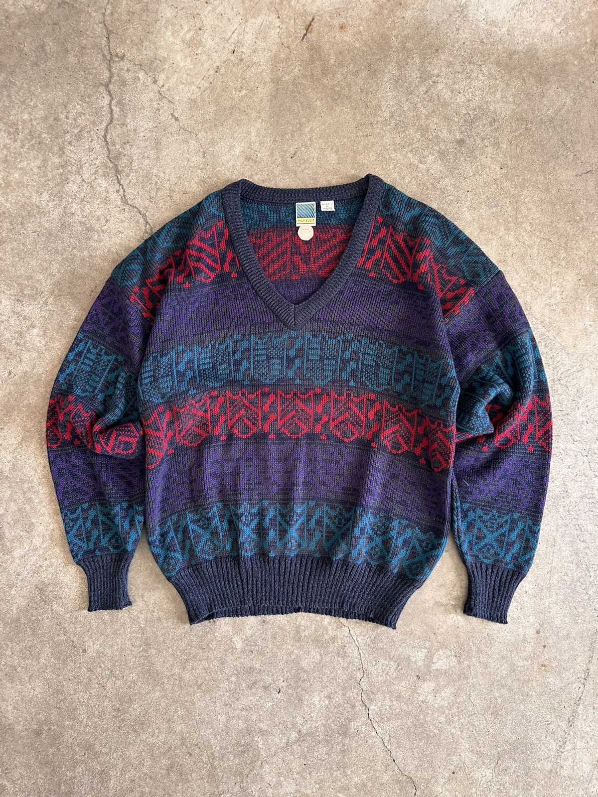 Vintage 90s Main Event Pattern V-Neck Sweater Size US XL / EU 56 / 4 - 1 Thumbnail