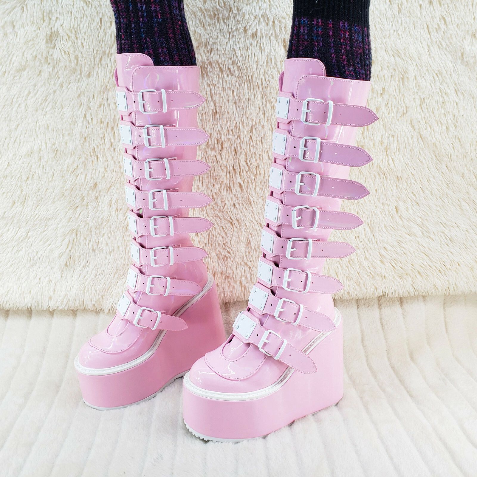 Demonia Cult DEMONIA Trinity Swing 815 Pink Hologram Patent Goth Knee Boo Size US 9 / IT 39 - 3 Thumbnail