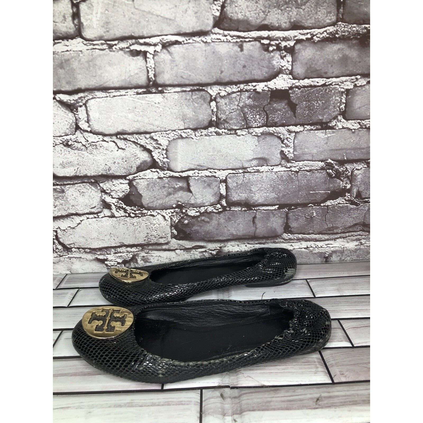 Tory Burch Tory Burch Reva Gold Logo Black Leather Snake Skin Ballet Fl Size US 7.5 / IT 37.5 - 6 Thumbnail