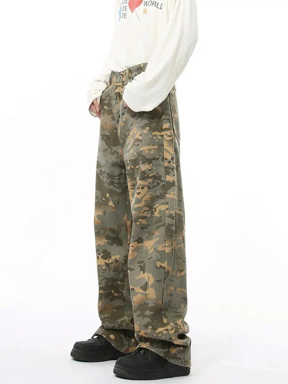 Retro camouflage straight leg wide leg jeans