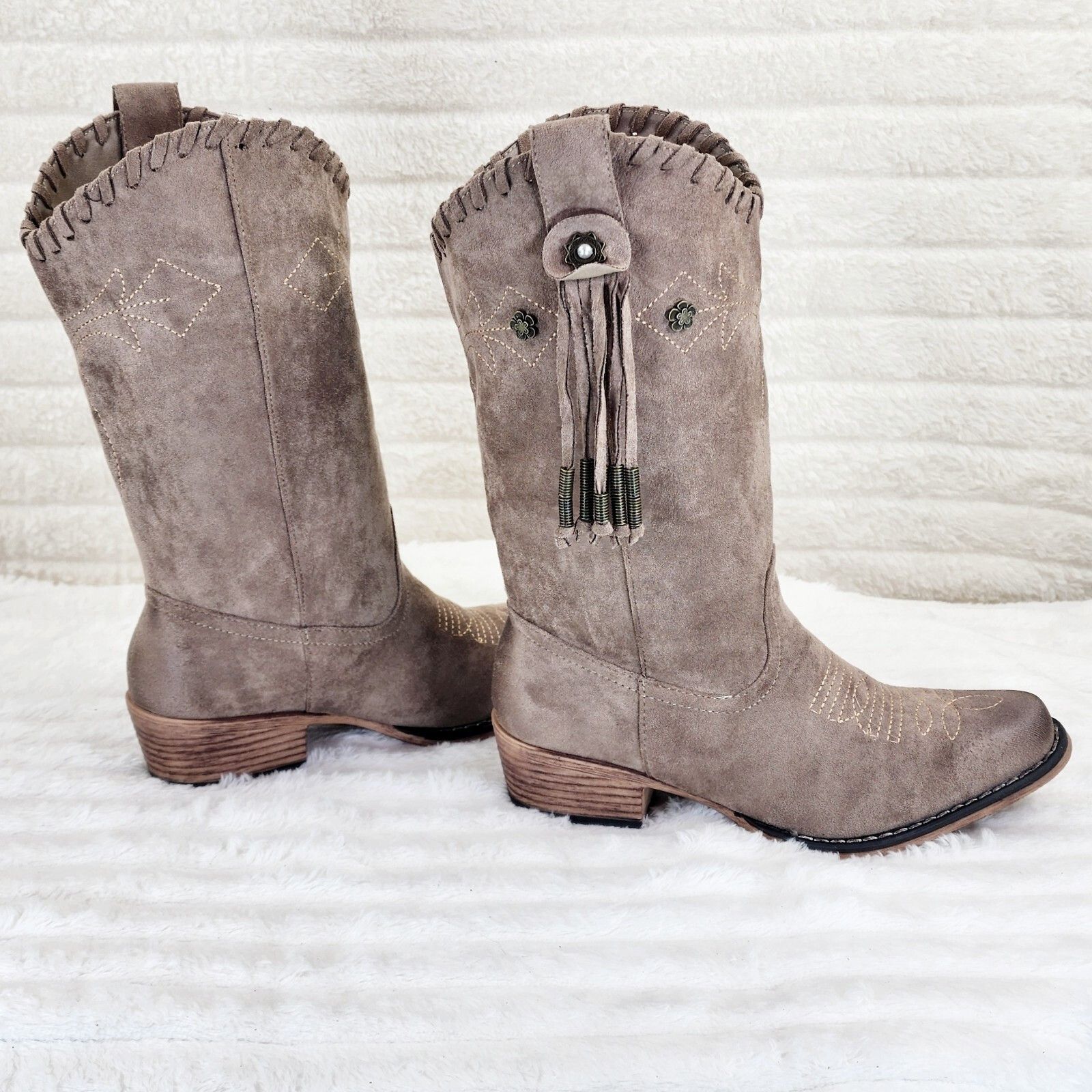 Other Prairie Girl Taupe Distressed Tassel Cowboy Cowgirl Pull On Size US 8.5 / IT 38.5 - 1 Thumbnail