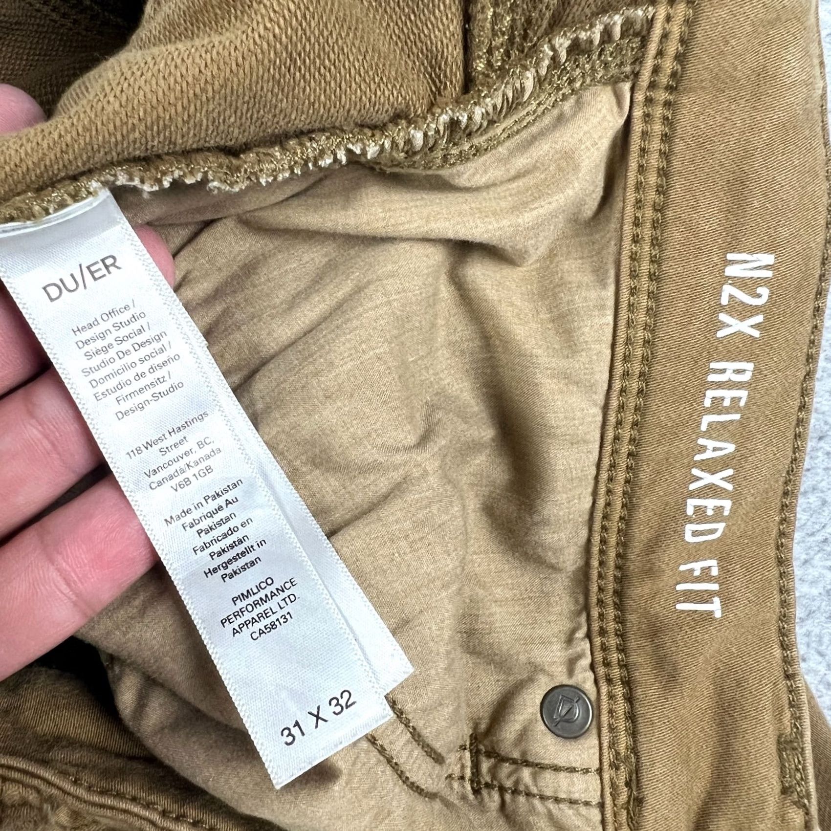 DUER DU/ER N2X Relaxed Taper Pants 31x32 Mens Beige Chino N2X Logo Pockets 5-Pocket Design Casual Workwear Knit Stretch Cotton Blend Size US 31 - 3 Thumbnail