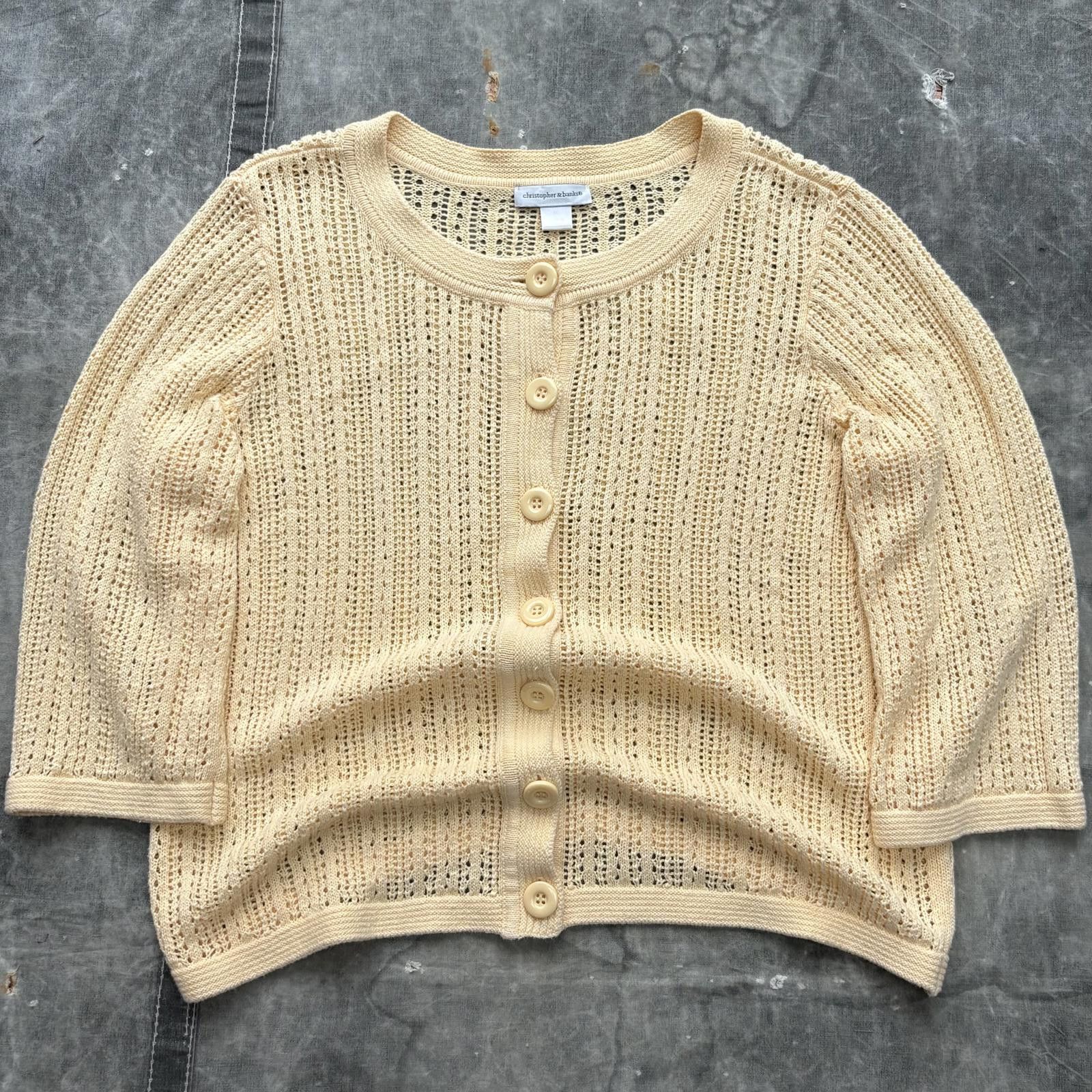 Vintage Vintage 90s Y2K Yellow Cream Cottage Knit Sweater Cardigan Size XL / US 12-14 / IT 48-50 - 1 Thumbnail