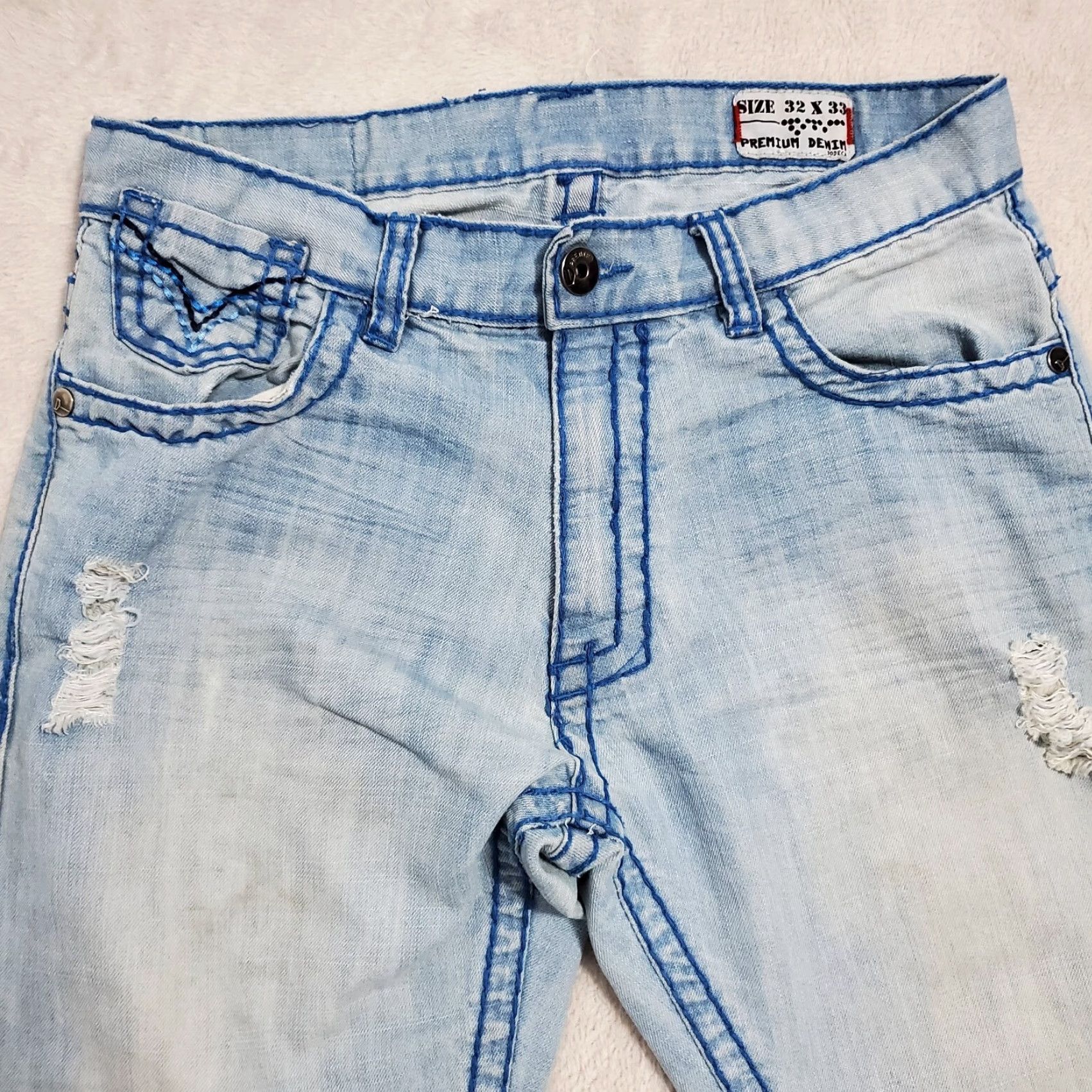 Denime VINTAGE Doceda Premium Denim Jeans Men 32x33 Blue Light Wash Straight Distressed Stained Embroidered Pockets 90s Y2K Men Jeans Size US 32 / EU 48 - 4 Thumbnail