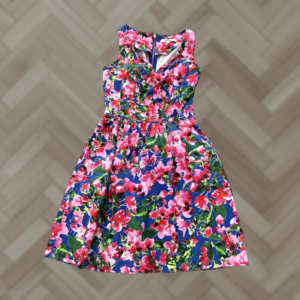 MILLY Milly Floral Knee Length Dress Women's 2 Blue Pink Flower A-Line Zip Button-Up Knee Length Dress Womens 2 Blue Pink Floral Milly Size XS / US 0-2 / IT 36-38 - 1 Thumbnail