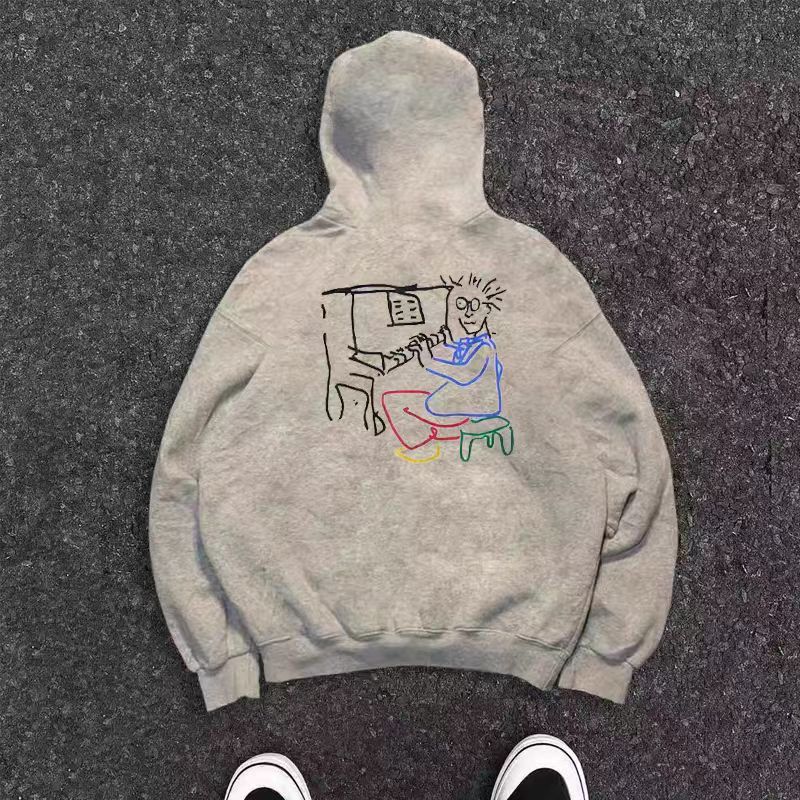 Grey Street Wash Vintage Piano Print Hoodie