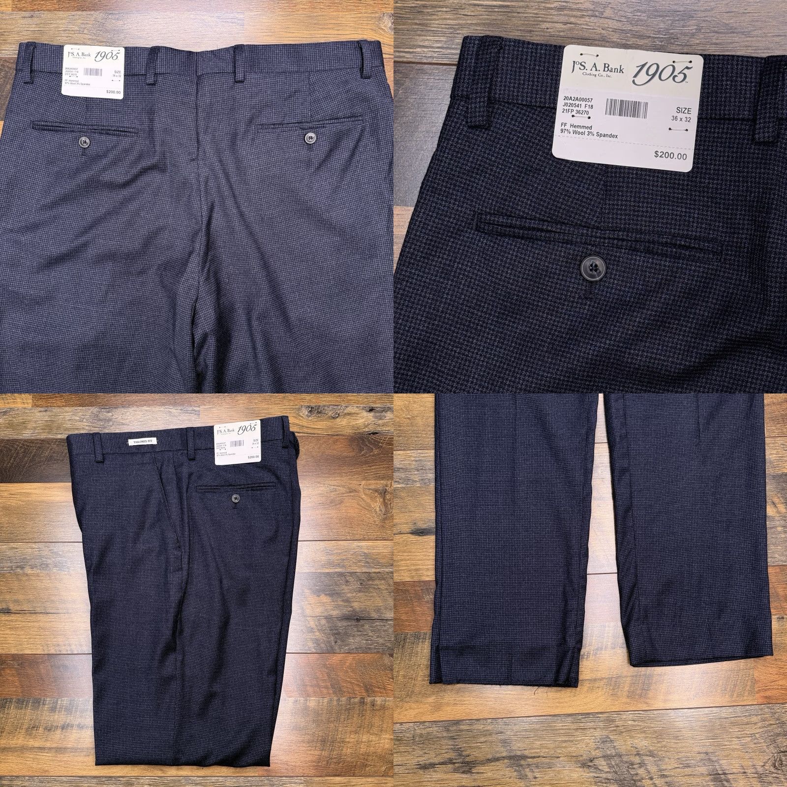 Jos. A. Bank Jos A Bank Dress Pants Mens 36x32 Blue Houndstooth Stretch Slim Straight Flat Front Wool Elastane Zip Dry Clean Only NWT Size US 36 / EU 52 - 8 Thumbnail