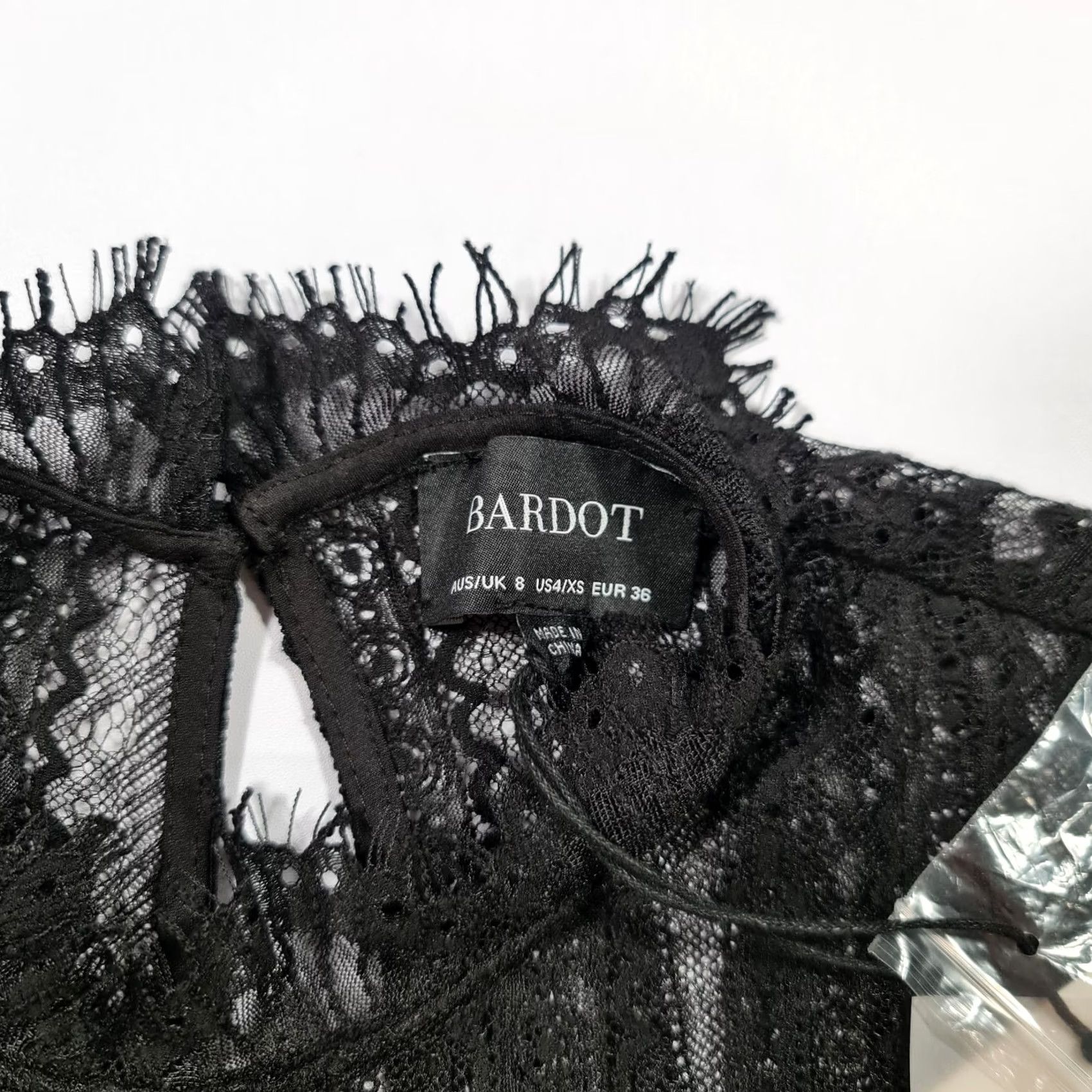 Vintage Bardot Dress Black 8 UK Long Sleeve Lace Mock Neck Short Length Party/Cocktail Womens Dress Short Lace Bardot Black 8 UK Size M / US 6-8 / IT 42-44 - 3 Thumbnail