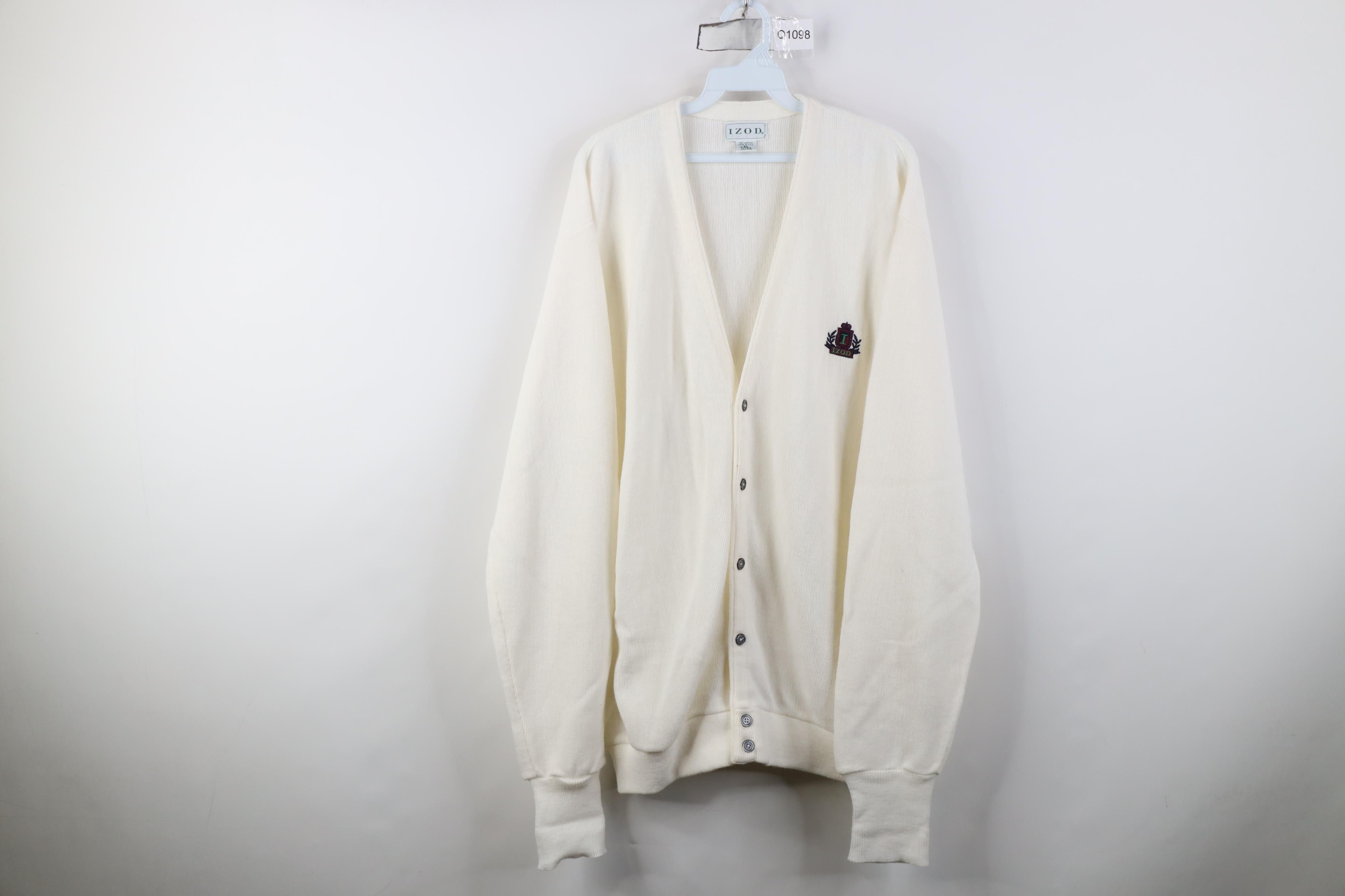 Izod Vintage 80s 90s Izod Shield Knit Cardigan Sweater White USA Size US XL / EU 56 / 4 - 1 Thumbnail