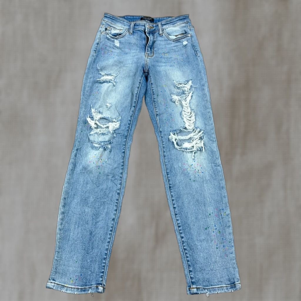 Vintage Judy Blue Jeans Women 3 26 Boyfriend Fit Med Was h Paint Splatter Rips Holes Jeans_Blue Regular 5-Pocket Denim Distressed Medium Size 26" / US 2 / IT 38 - 1 Thumbnail