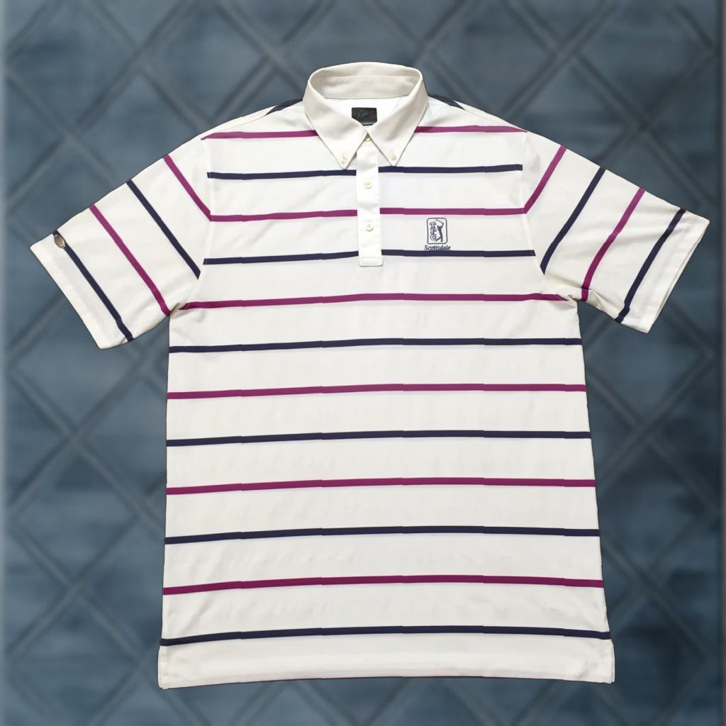 Vintage Greg Norman Polo Shirt Mens L Pink Blue Striped Short Sleeve Play Dry Polo Shirt Size US L / EU 52-54 / 3 - 1 Thumbnail