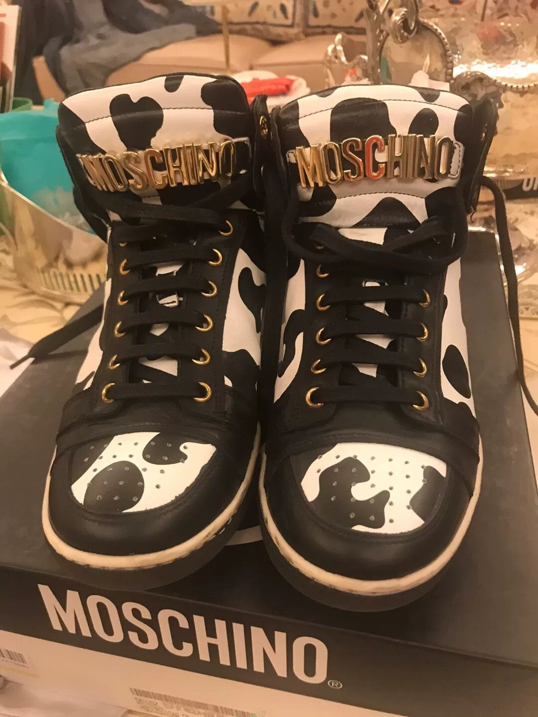 Moschino Moschino Cow Print Leather High-Top Sneakers Size US 7 / EU 40 - 2 Thumbnail