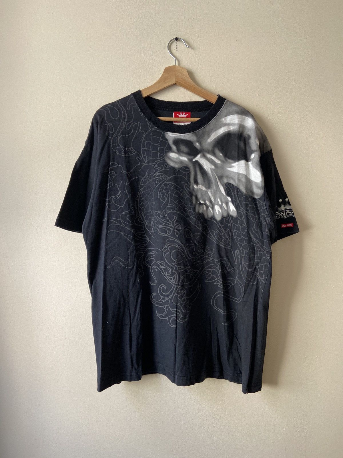 Vintage JNCO Jeans Skull Dragon Art AOP rare black tee shirt