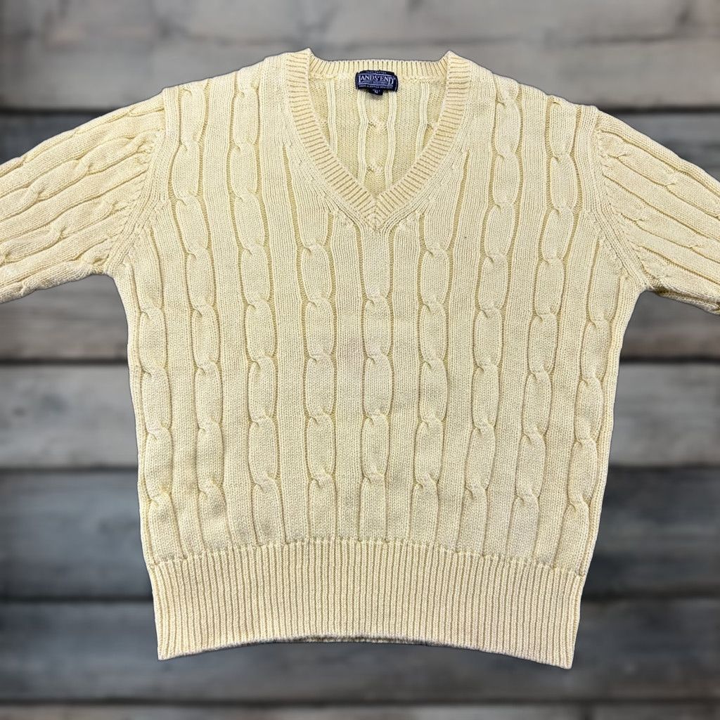 Lands' End VINTAGE Lands' End Sweater Mens M Yellow Pullover Cable Knit Cotton Preppy 80s Men Pullover Crew Neck Long Sleeve Casual Solid 90s Size US M / EU 48-50 / 2 - 1 Thumbnail