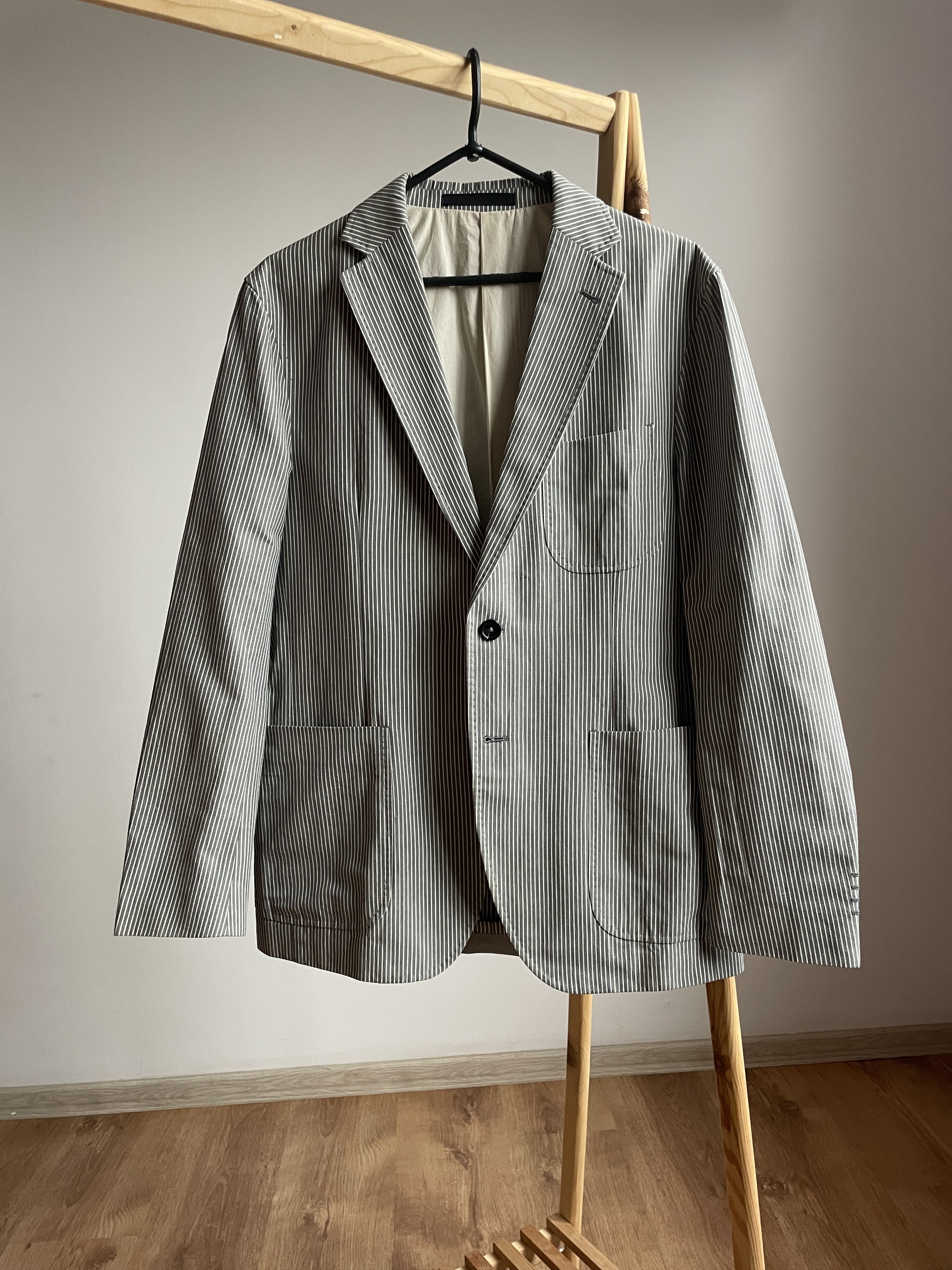 Paoloni Paoloni Cotton/Linen Half Lined Striped Gray Blazer Size 40R - 1 Thumbnail