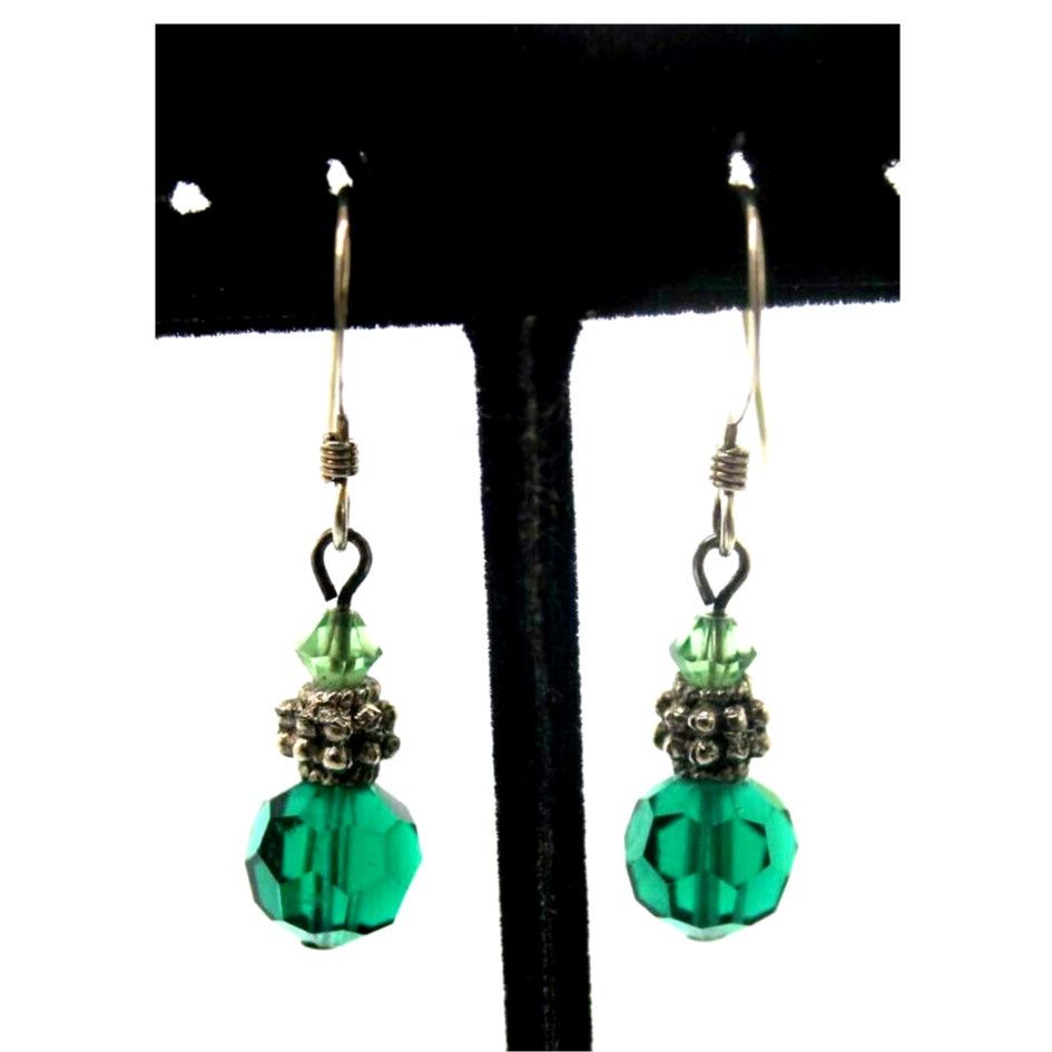 Other Vintage Emerald Green Crystal Earrings Silvertone • 1-1/4" Size ONE SIZE - 1 Thumbnail