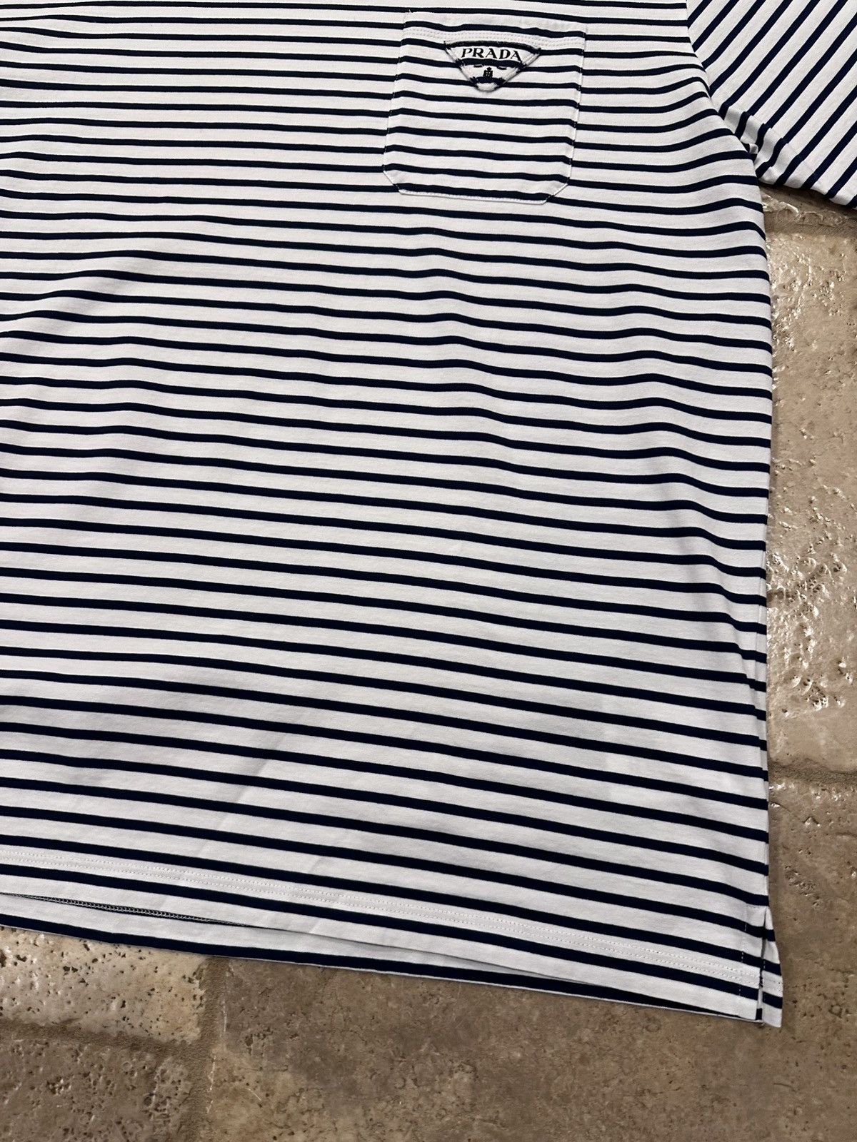 Prada Prada Striped Navy White Cotton Pocket Triangle Logo T-Shirt Size US XXL / EU 58 / 5 - 4 Thumbnail