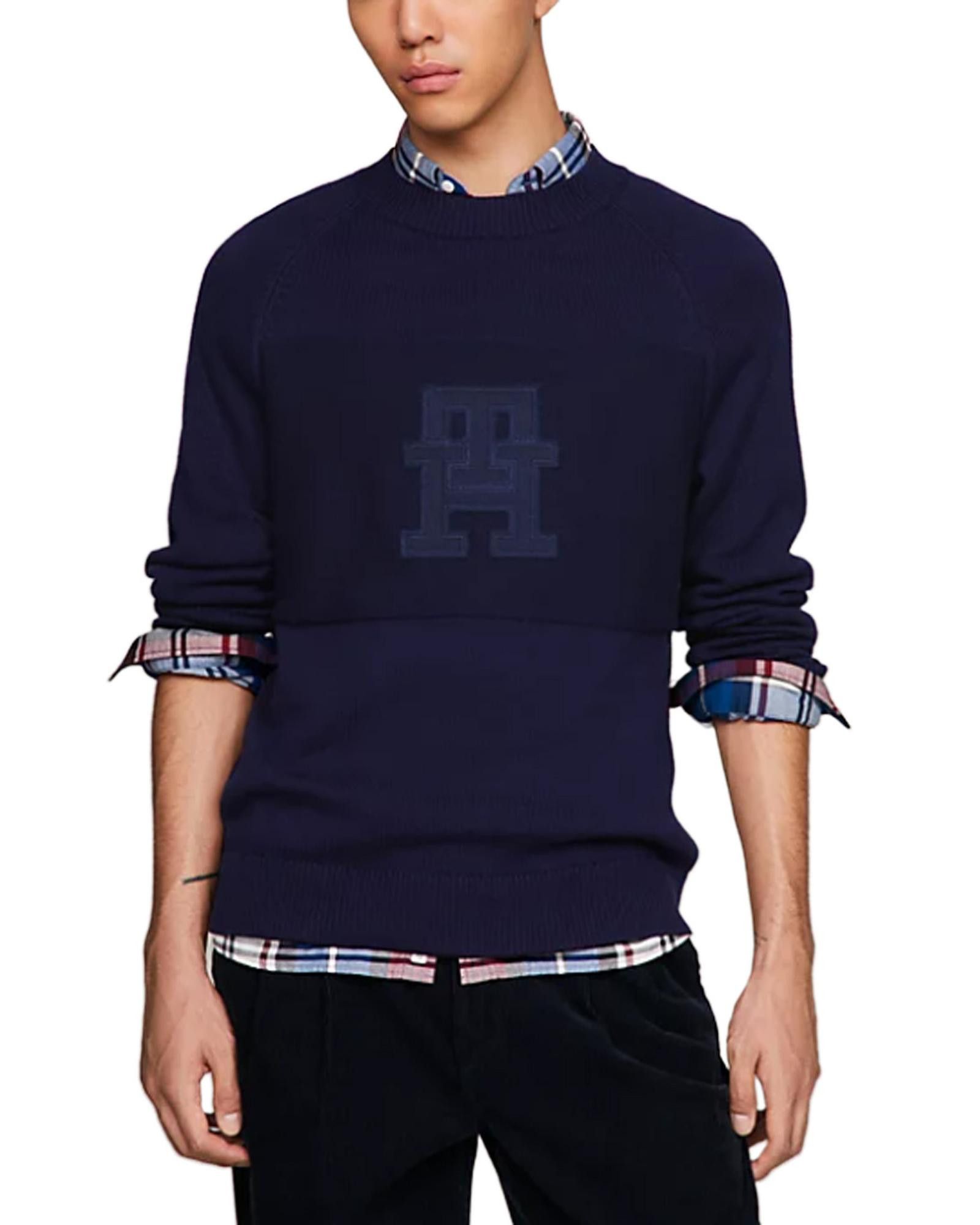 image of Tommy Hilfiger Round Neck Cotton Knitwear in Blue, Men's (Size 2XL)