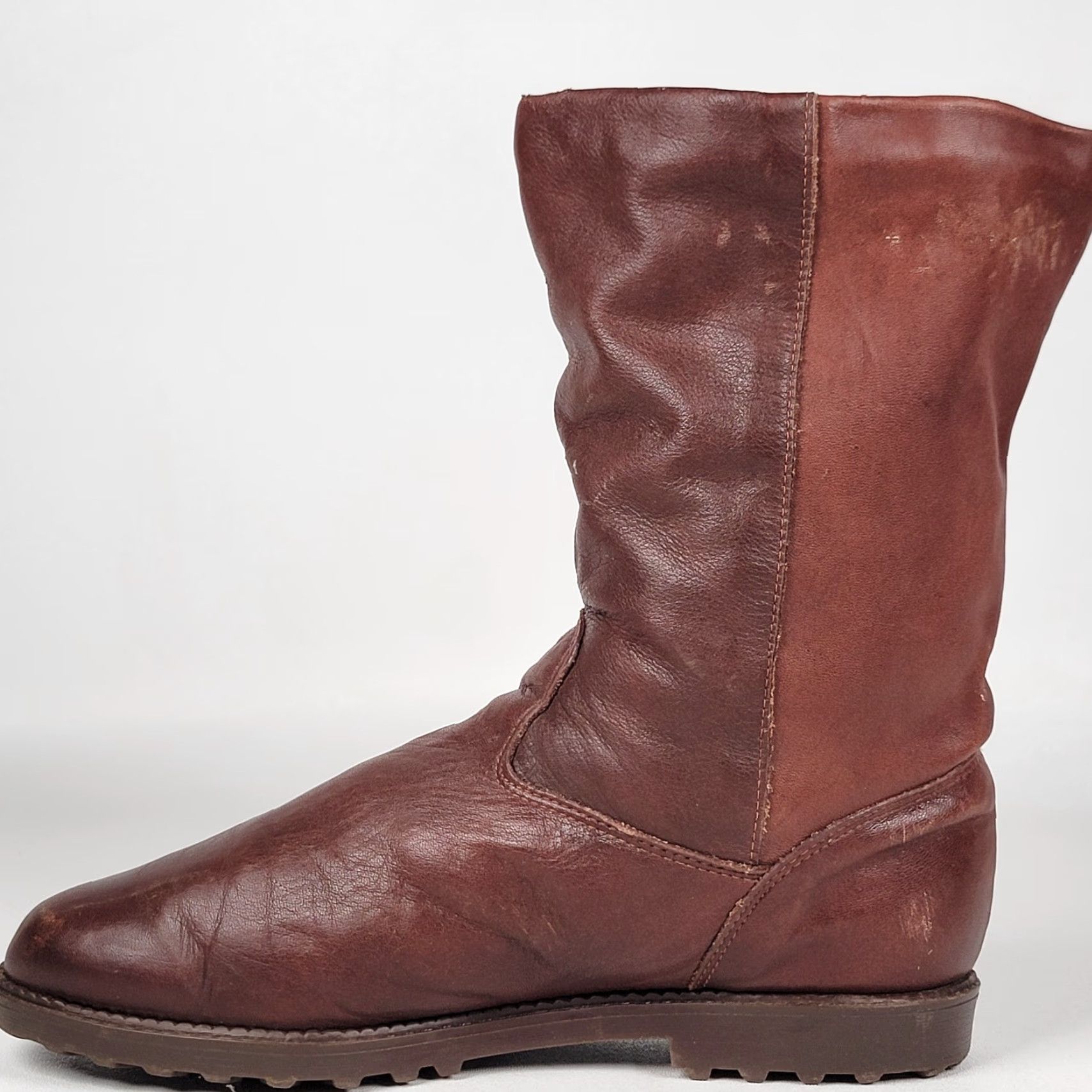 Vintage VINTAGE Women's Size 9 Brown Leather Sergio Boots Klondike Elastomere Check Riding Boot Almond Toe Pull On Block Heel B Wide Brown Canada Women Shoes Size US 9 / IT 39 - 4 Thumbnail