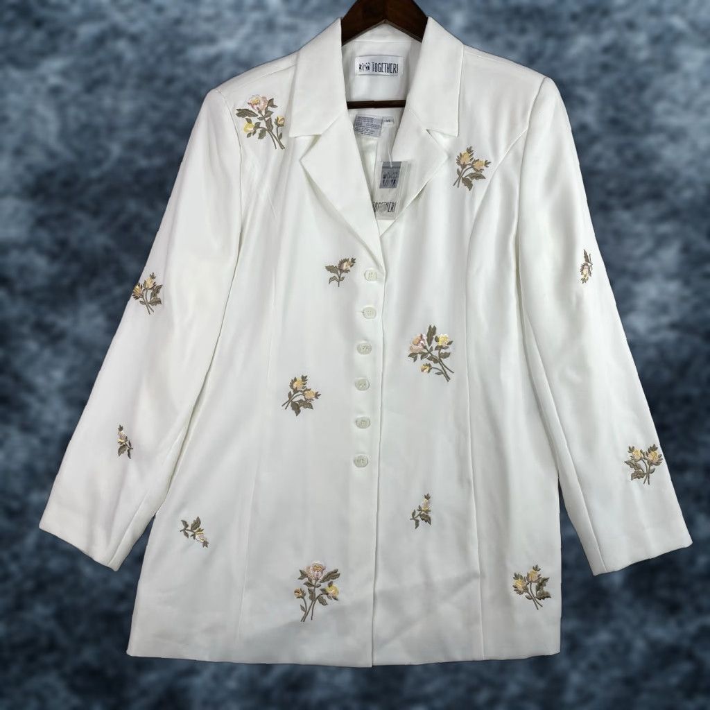 Vintage VINTAGE Together Blazer Shirt Womens 14 White Embroidered Floral 90s Retro Boho Jacket Size XL / US 12-14 / IT 48-50 - 1 Thumbnail