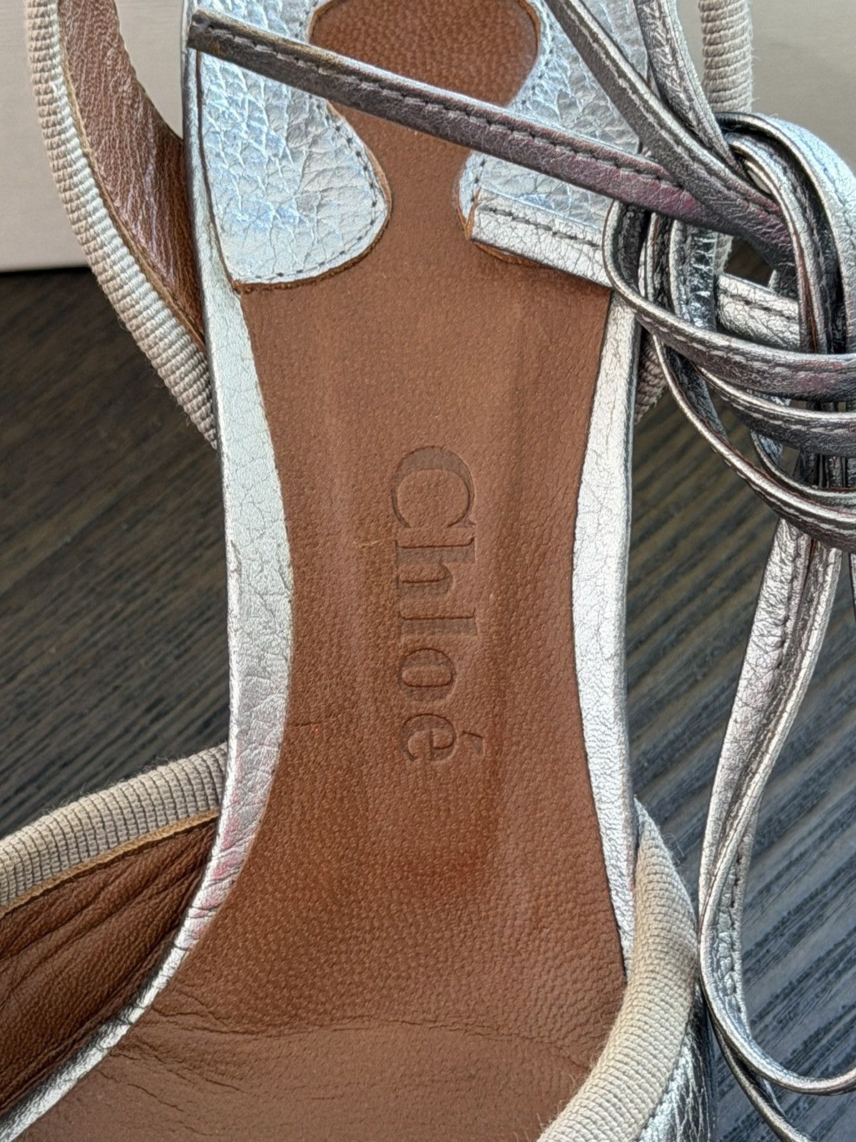 Chloe Chloé Silver Metallic Leather Peep-Toe Heels w/ Ankle Ties Size US 7 / IT 37 - 2 Thumbnail