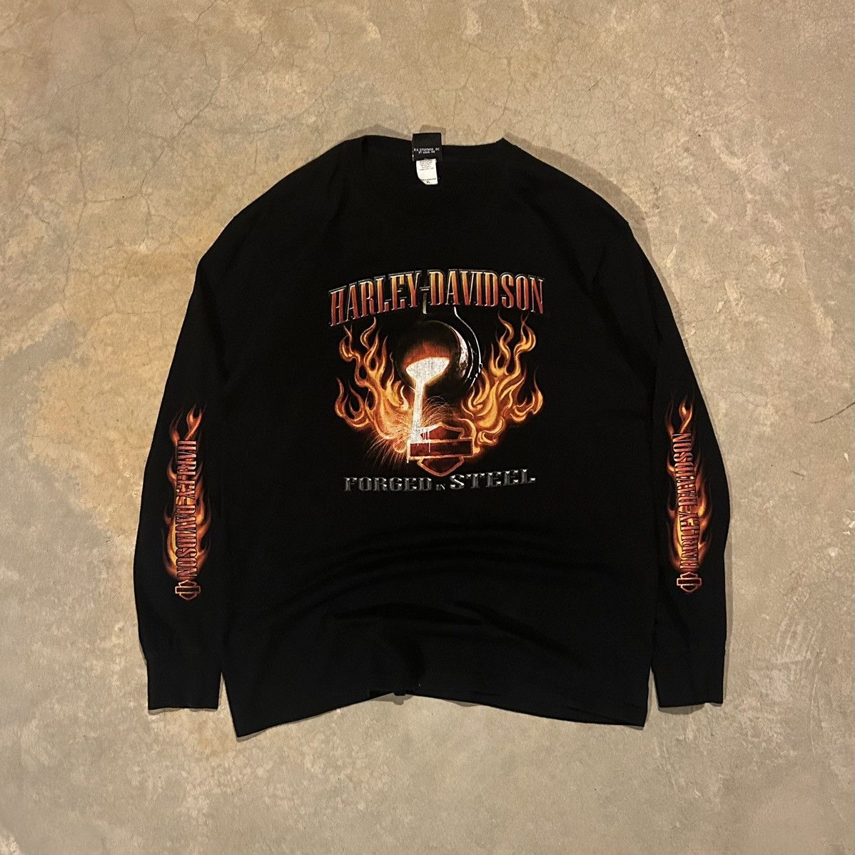 image of Crazy Vintage Y2K Harley Davidson Flame Sleeve Biker Tee in Black, Men's (Size XL)