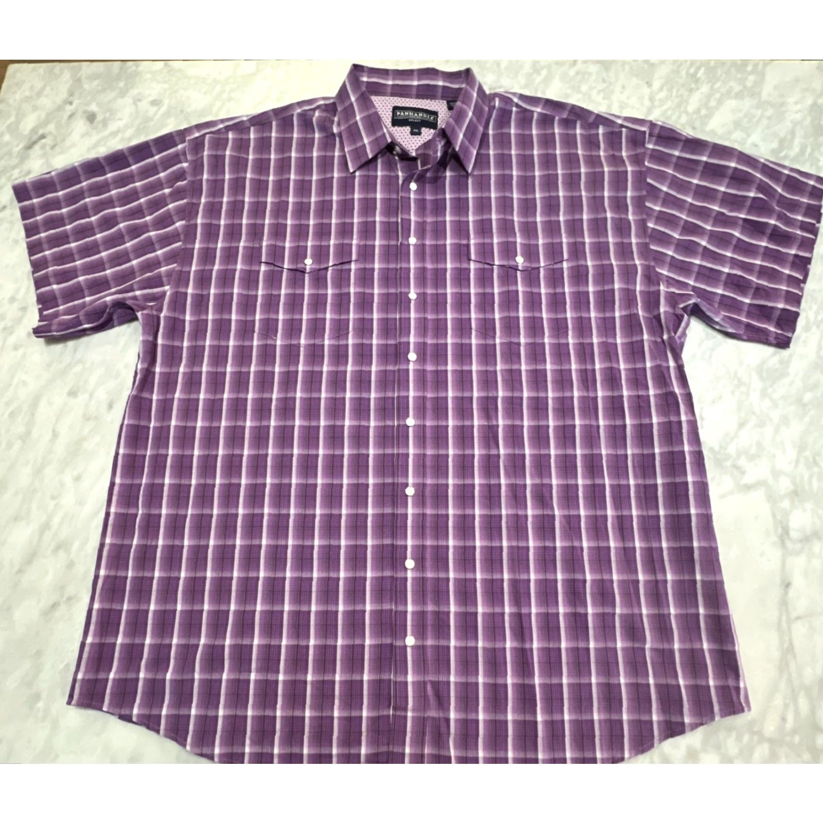 Vintage Panhandle Select Men's 2XL Short Sleeve Pearl Snap Plaid Western Shirt Purple Woven Cotton Size US XXL / EU 58 / 5 - 2 Thumbnail