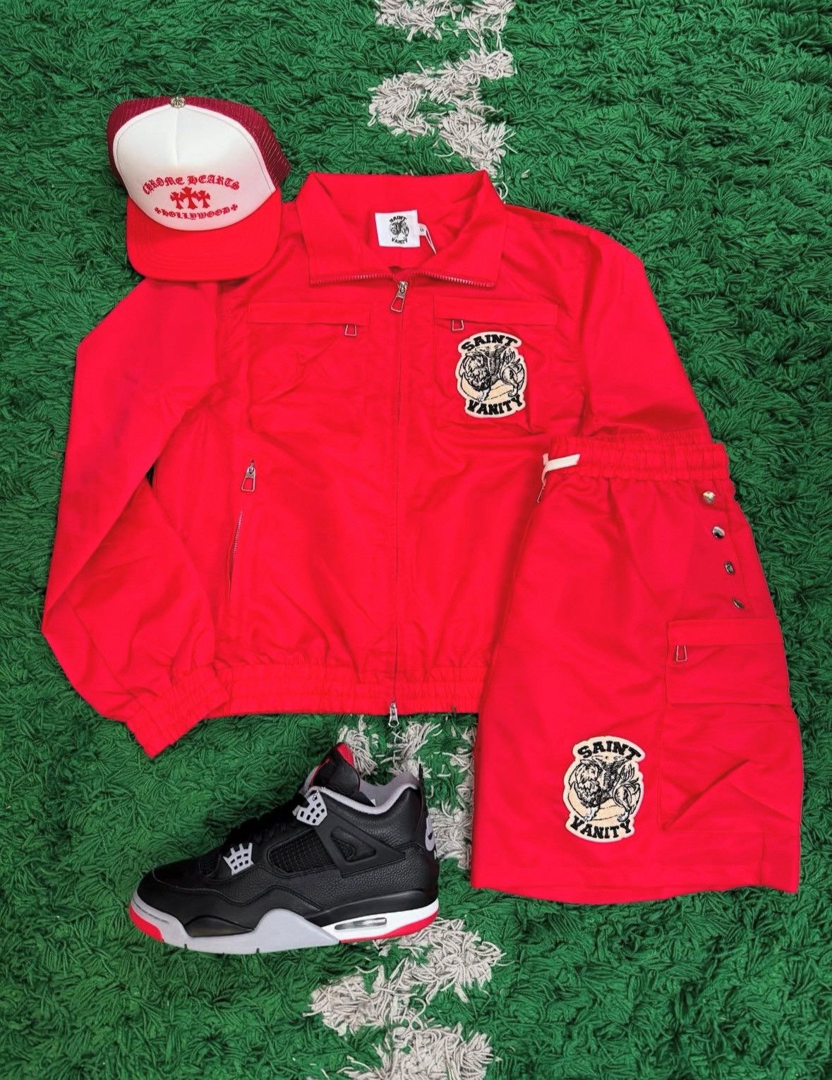 Saint vanity nylon cargo red set Shorts + jacket