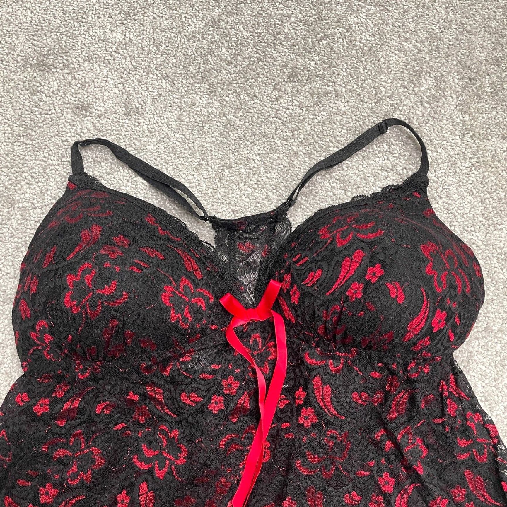 Vintage Unbranded Lace Floral Sleepwear Dress Womens L Red Sleeveless Sweetheart Cami, Polyester, Machine Washable, Lightweight, Bow, Strap, Dress Size L / US 10 / IT 46 - 5 Thumbnail