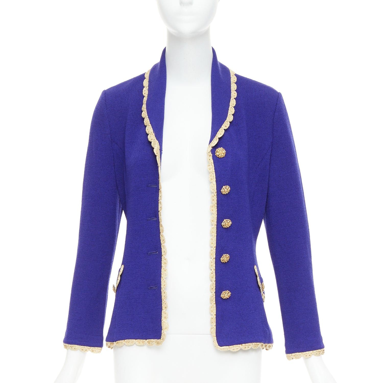 ST JOHN Evening Vintage cobalt blue gold scallop trim jacket US2 S