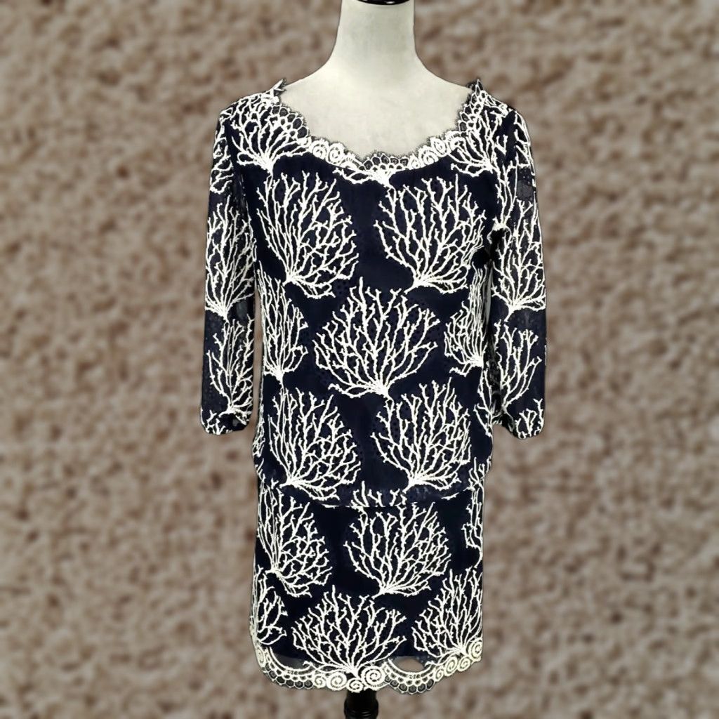 Lilly Pulitzer Lily Pulitzer Dress Womens 2 Blue White Seaside Coral Lace Embroided Accent Size XS / US 0-2 / IT 36-38 - 1 Thumbnail