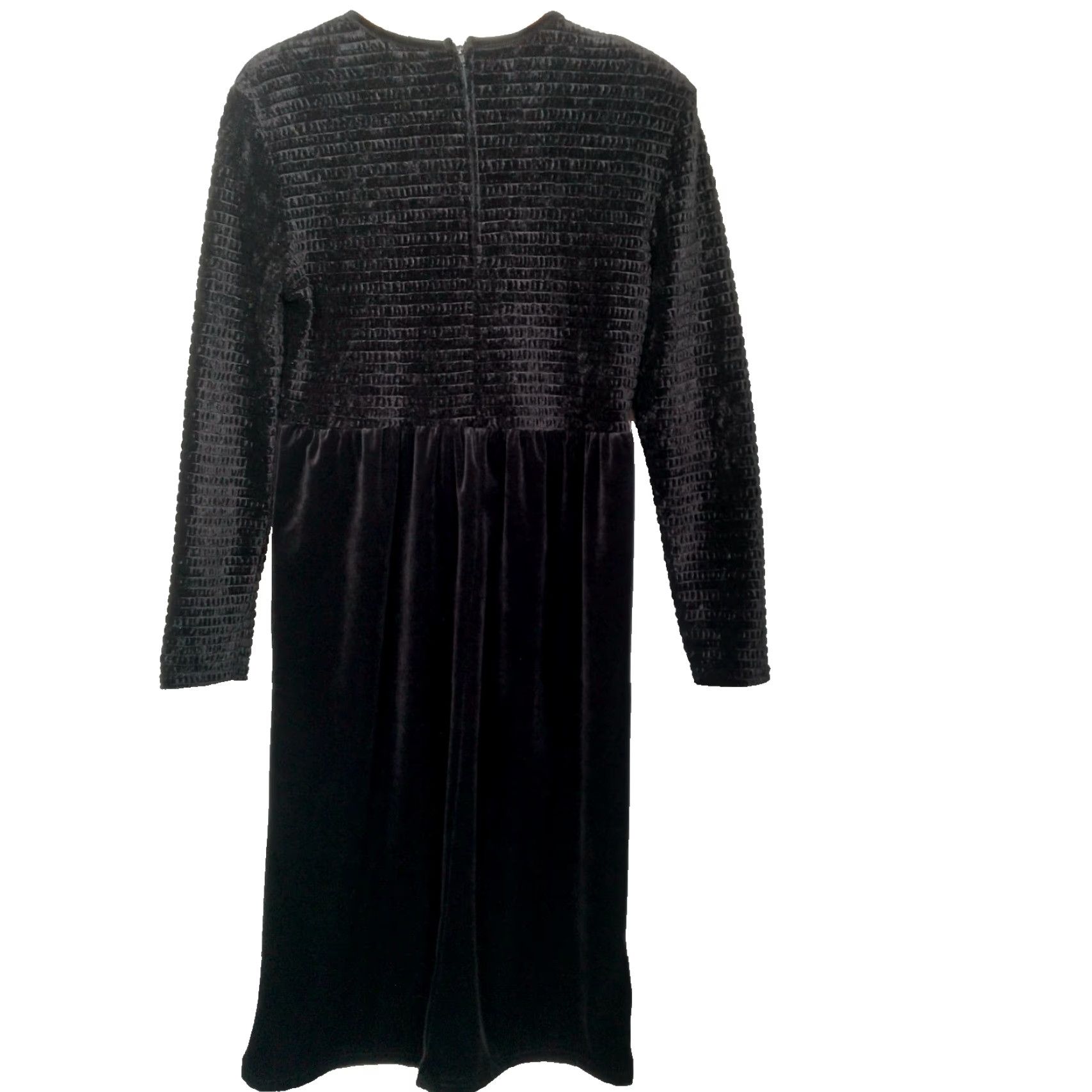 Velour Vintage Caroline Wells Dress Size 8 Black Velour Smocked Top Long Sleeves Midi Size M / US 6-8 / IT 42-44 - 2 Thumbnail