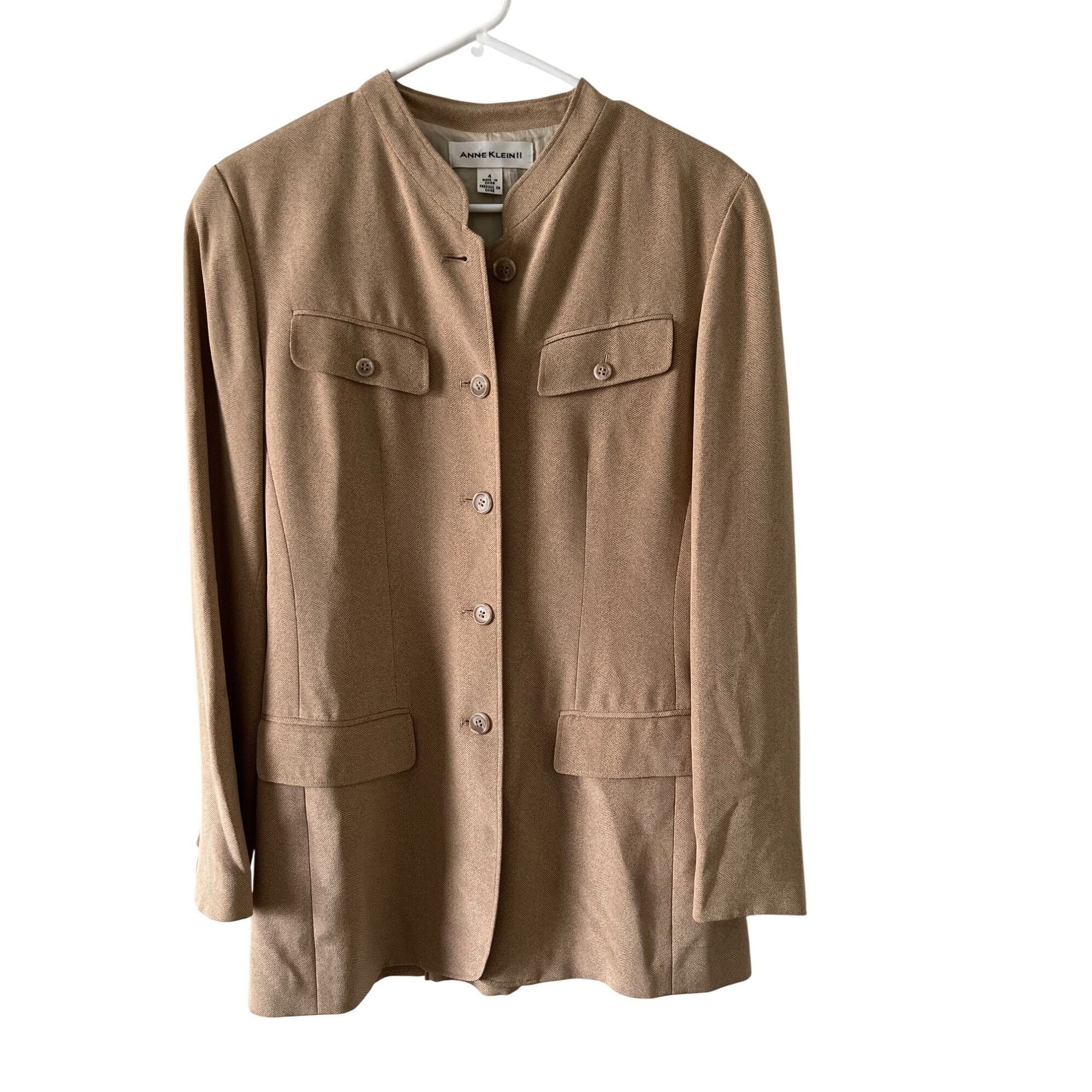 Anne Klein Anne Klein Womens Tan Herringbone Blazer With Button Front P Size S / US 4 / IT 40 - 1 Thumbnail