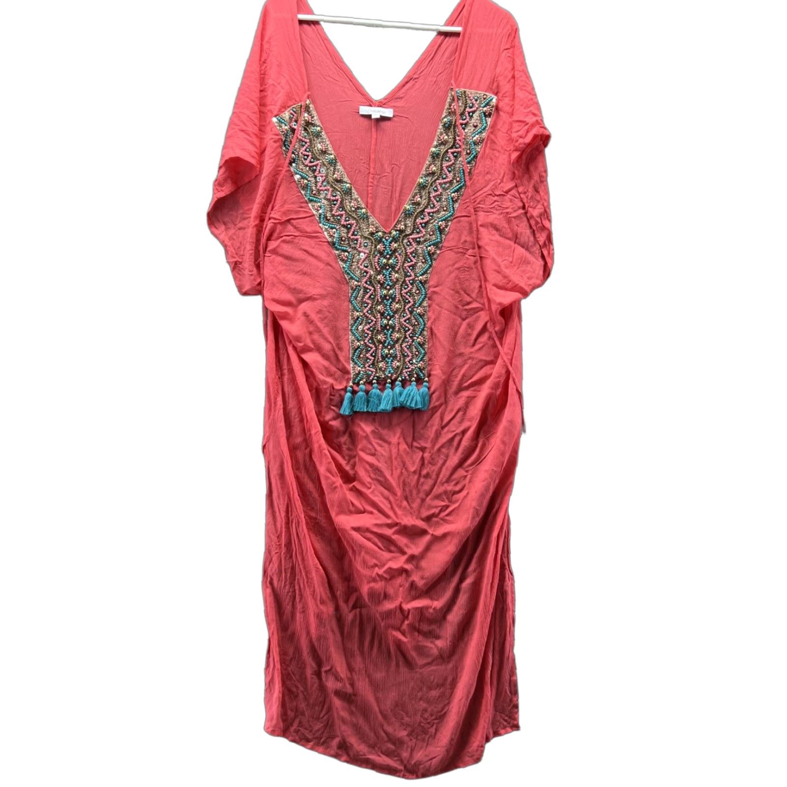 Vintage VINTAGE OndadeMar Cover Up Women Large Pink Beaded Embroidered Tassel Beach Kaftan 255 Size ONE SIZE - 1 Thumbnail