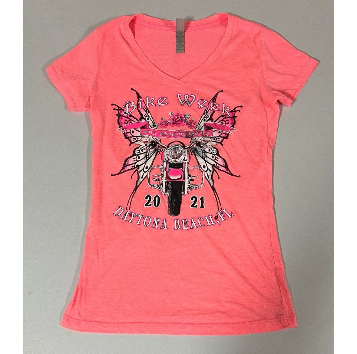 Next Level Apparel Pink ‘Bike Week: Daytona Beach, FL’ V-Neck Shirt Tee Size S✨ Size S / US 4 / IT 40 - 1 Thumbnail