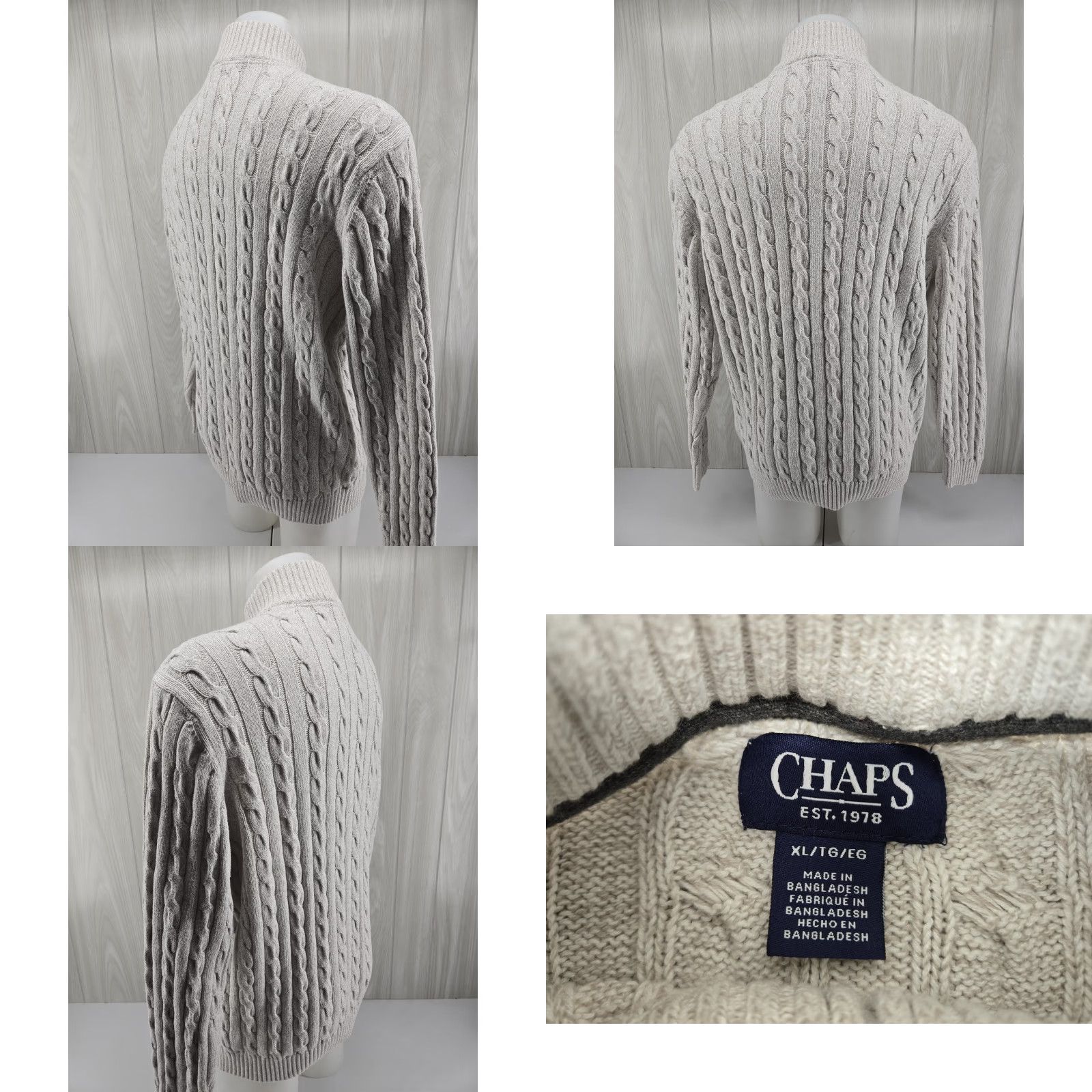 Chaps Chaps Sweater Men's XL 1/4 Zip Cable Knit Khaki Cream Wool Blend Mock Neck Pullover Vintage: No Size US XL / EU 56 / 4 - 8 Thumbnail